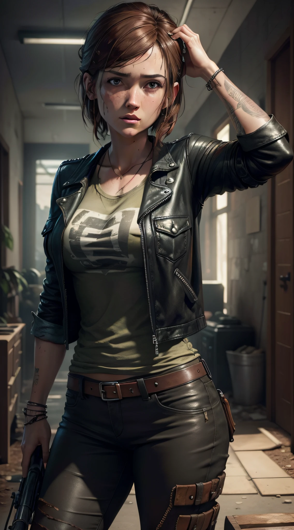 25 years old ellie from the last of us, leather clothes black