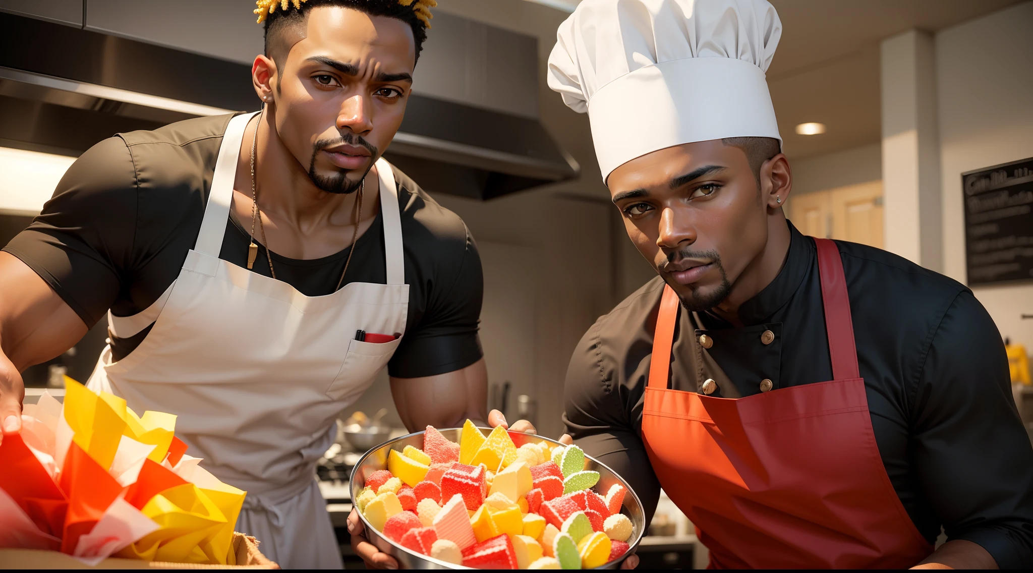 Make a picture of a black man dressed as a chef selling candy use the color yellow and red