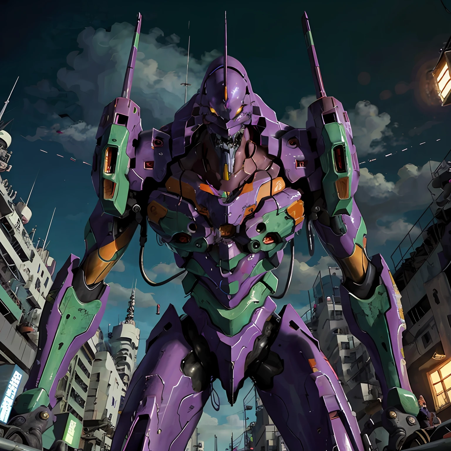 WarShip,eva 01, evagod,evangelion mecha, science fiction, looking at viewer, (official art, Best quality, masterpiece:1.2), illustration, high res, beautiful abstract background, Futurism, cyberpunk, intense angle, close-up