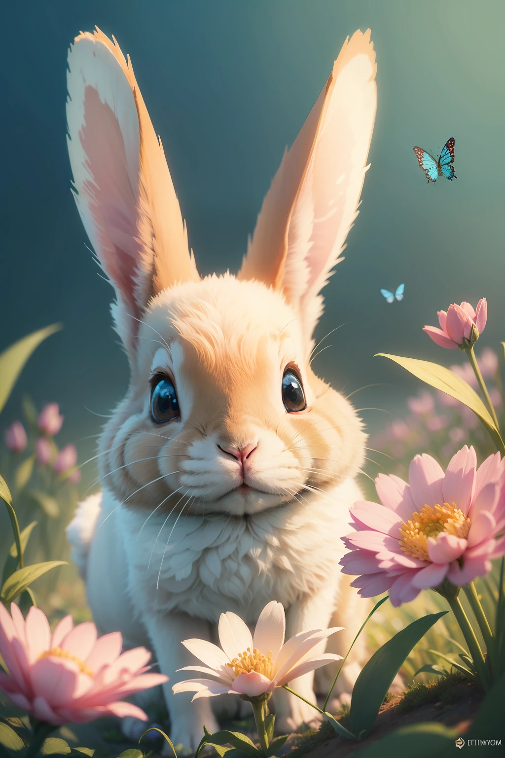 cute closeup of a rabbit in an enchanted flowering field, daytime, colorful butterflies in the background, extremely detailed, high quality.