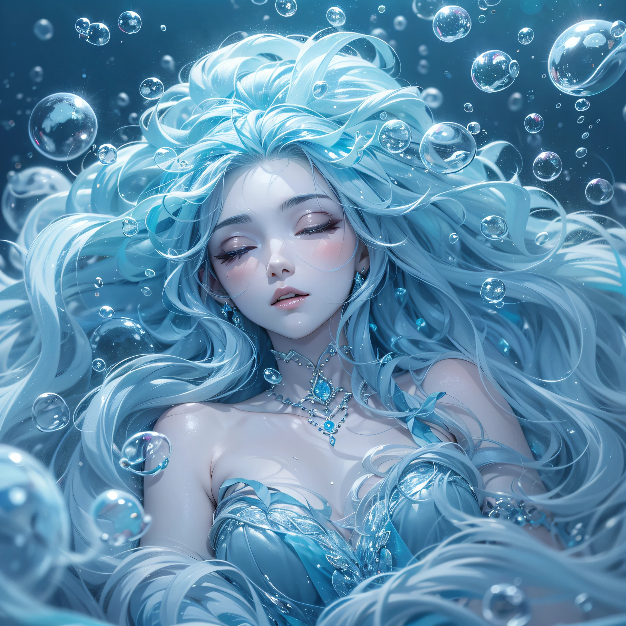 Beautiful water goddess with long light blue hair collapses on a bed of bubbles with sleepy eyes、masterpiece、realisitic