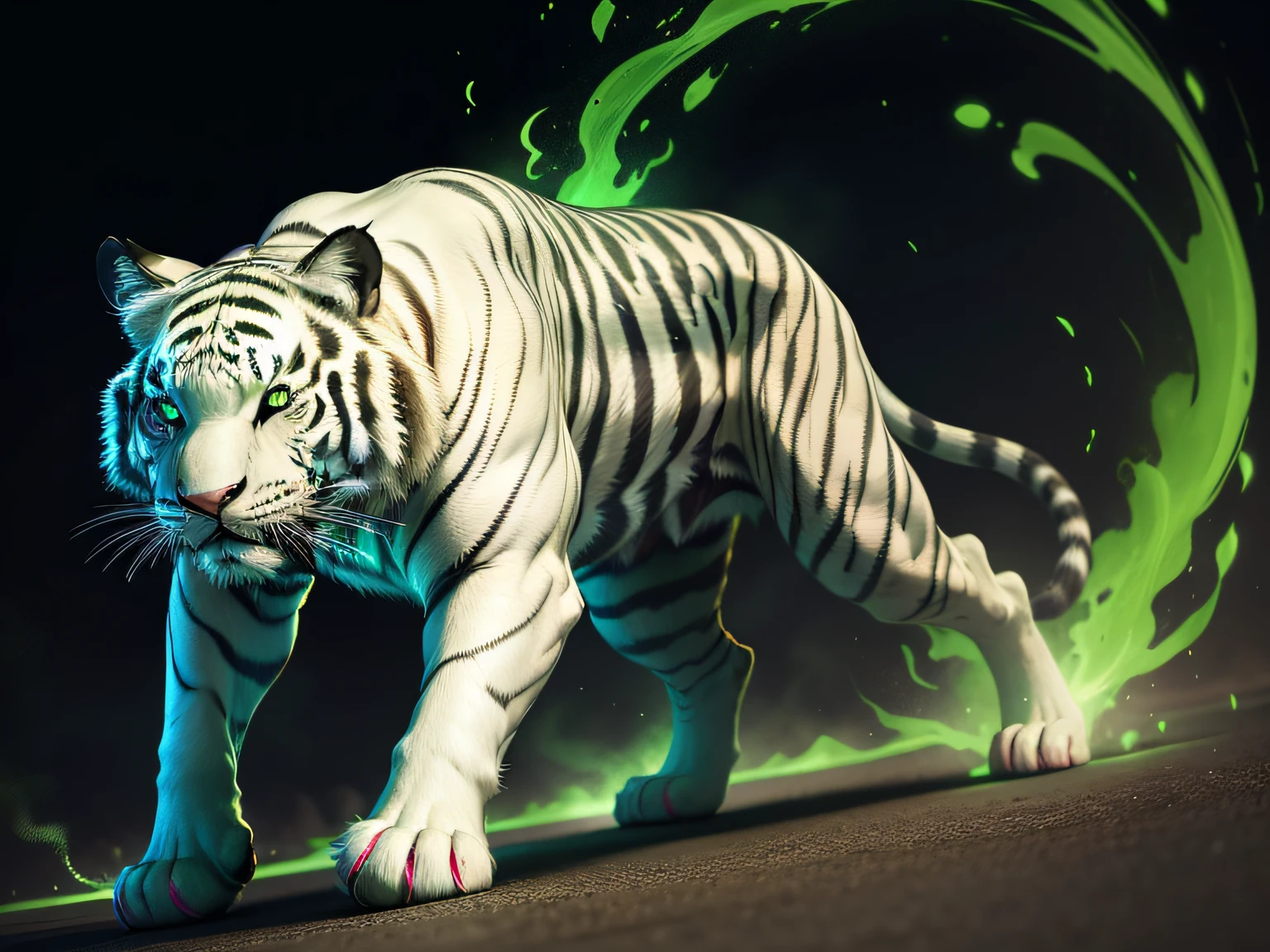 white tiger, glowing green eyes, green light, psychedelic, strong colors, crazy design, full body