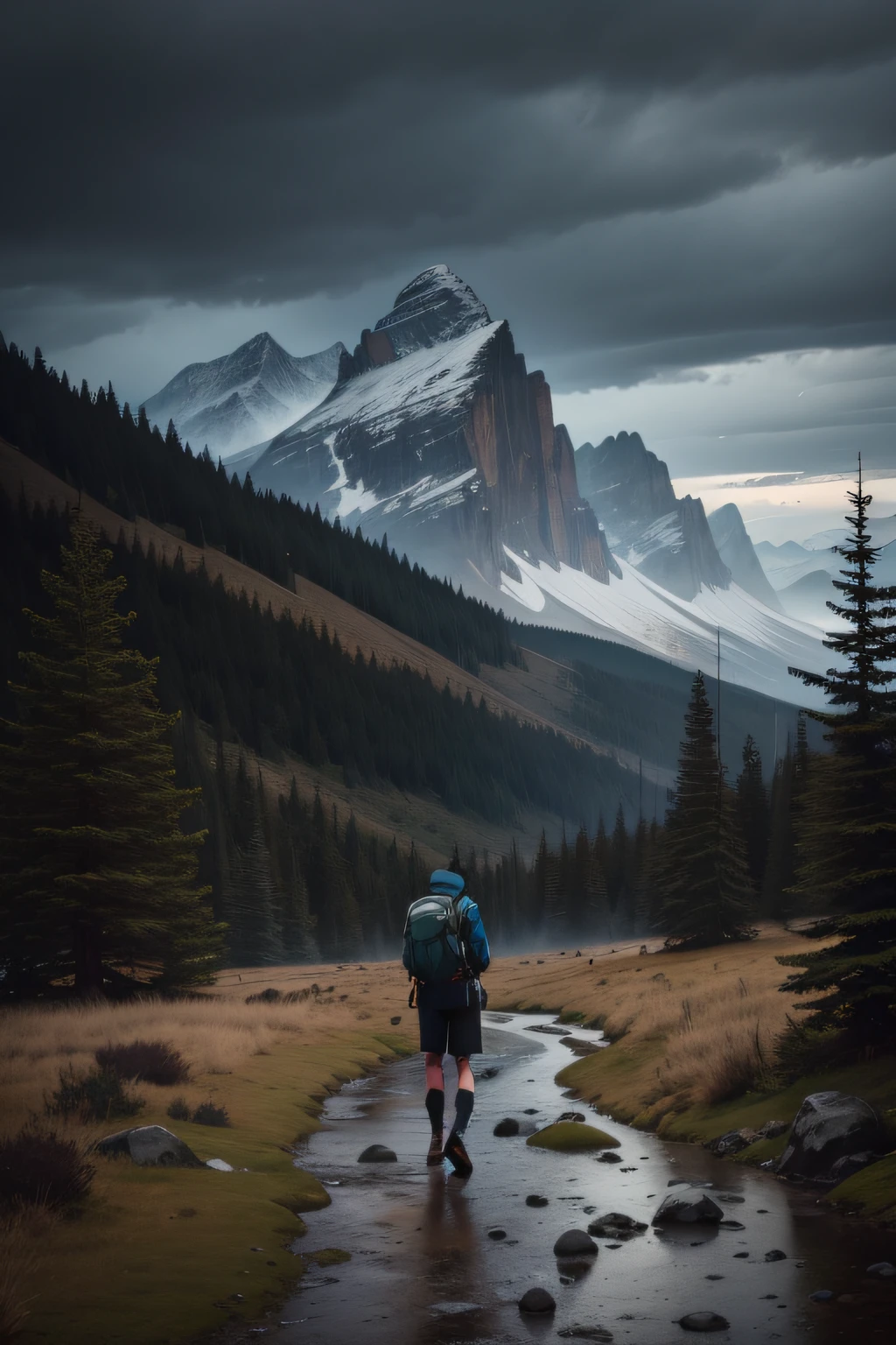 A hiker hiking a rocky mountain, dark sky, rainy weather, cold, bushes, grass, wet.