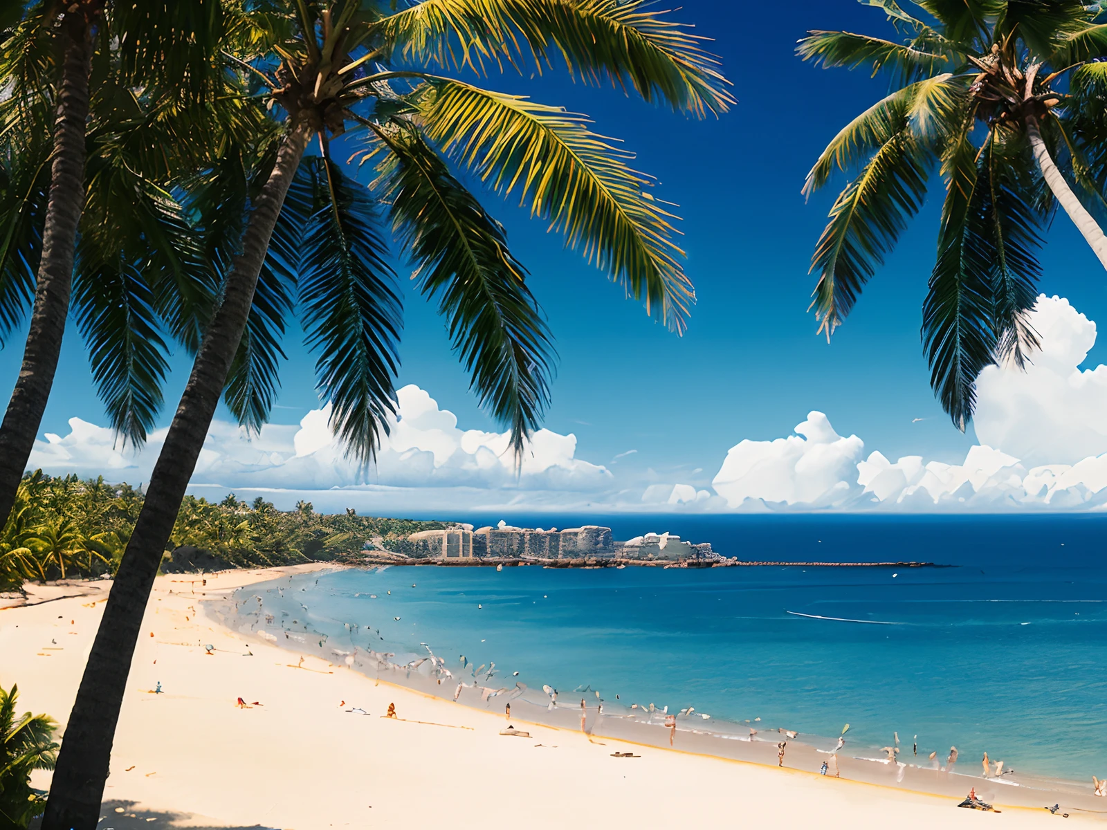 (4K、top-quality、masterpiece:1.2)、blue open sky、clouds、Sunnyday、夏天、the beach、sea side、Palm trees