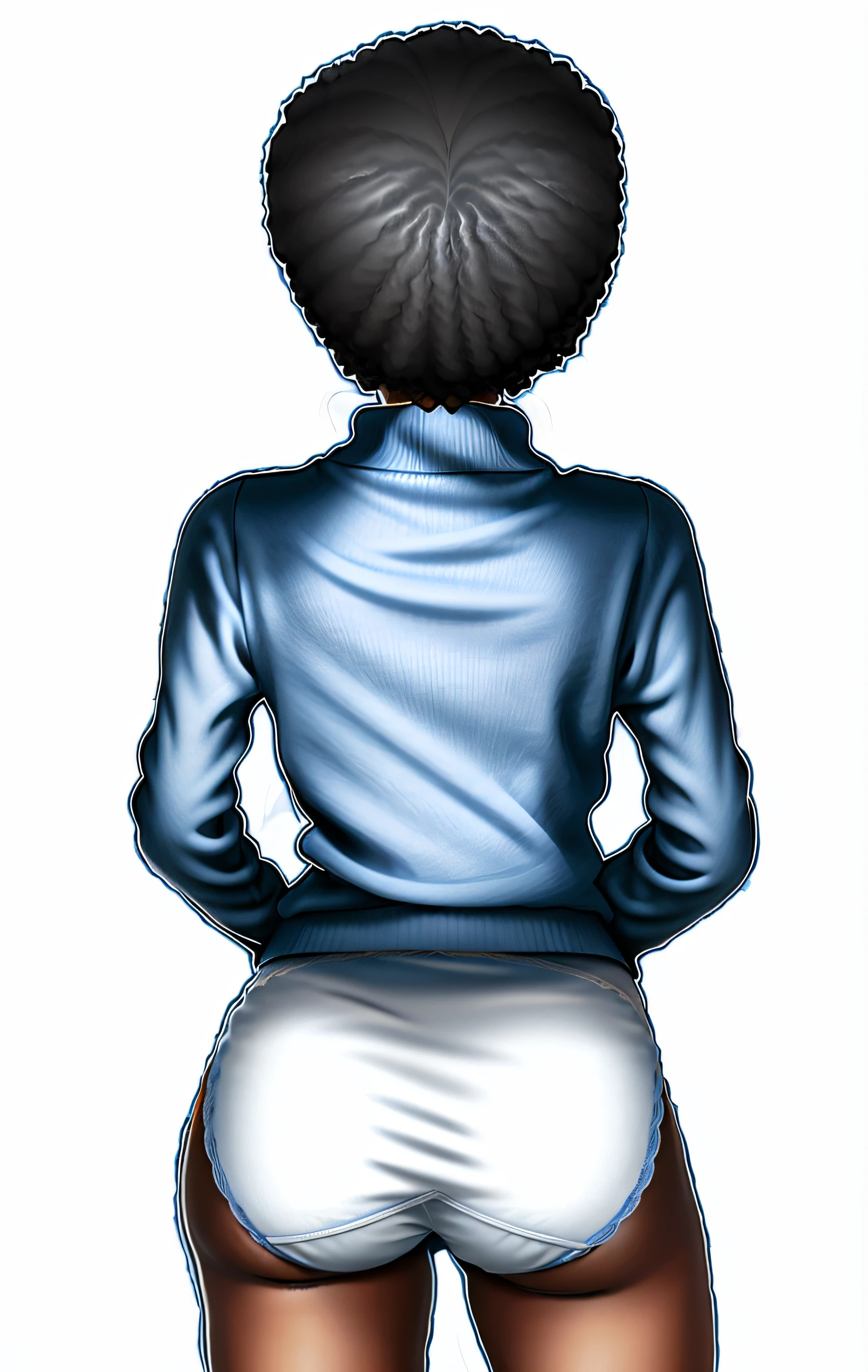 ((masterpiece, best quality)), Curvy black woman with big Afro, ((in blue sweater and white fullback panties cotton panties)), (looking completely forward) ,back shot, large booty, shapely hips, photo realistic