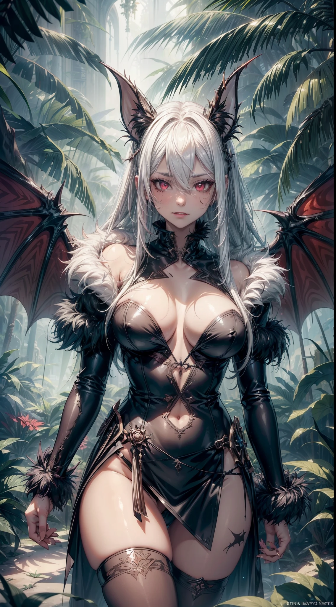 realistic photo of slaved (savage, tribal, jungle)_vampire with (white hair), bat fur, coat|wings, ((fangs)), colorful extremely_detailed_(tribal, jungle)_tight_(lacy, leather, fur, silk, satin, latex)_(clothing, skirt), high collar, detailed face, detailed beautiful shiny red eyes, slit pupils, metallic reflections, ((tatooed, marked)_with_shining_runes)_fit_muscular_body, shiny skin, tropical city ruins fog, 1girl, natural breasts, medium length white hair, masterpiece, best quality, beautiful and aesthetic:1.2, fractal art:1.4