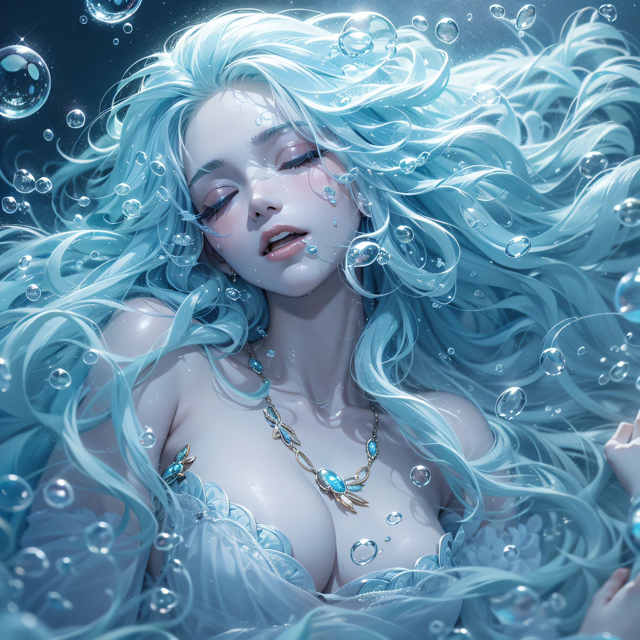 Beautiful water goddess with long light blue hair collapses on a bed of bubbles with sleepy eyes、​masterpiece、realisitic