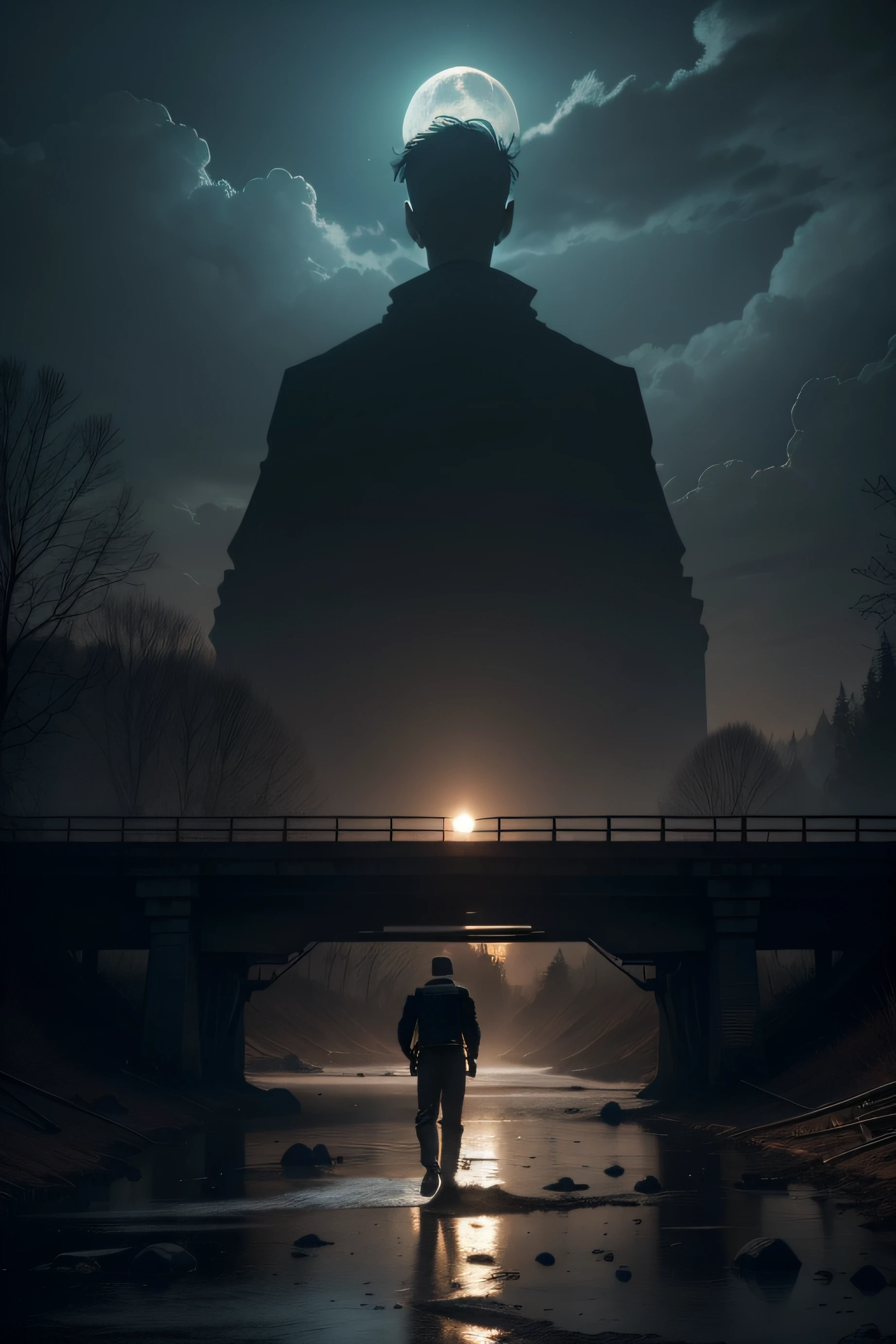 In the depths of the night, in a small town nestled in the interior, a scene of terror unfolds. A man, with fear etched upon his face, is sprinting through the deserted streets, desperately looking over his shoulder. The moon's pale light casts an eerie glow, adding to the sense of urgency and danger.
As the man flees, he races across a bridge that spans a tranquil stream. The sound of rushing water below adds a touch of serenity amid the chaos. The bridge, made of weathered wood, creaks beneath his hurried footsteps, as if echoing his panic.
To the left of the bridge, there lies a vacant lot, an empty expanse of land. Dimly lit by the moonlight, it holds an air of both desolation and potential, as if waiting for a purpose to be fulfilled. The man's eyes briefly glance towards it, perhaps considering it as a possible escape route.
On the right side of the bridge, a dense forest looms, its dark silhouette looming ominously. The trees stand tall and imposing, their branches reaching out like gnarled fingers. It is a place of mystery and uncertainty, concealing whatever unknown dangers may lie within.
The dirt road beneath the man's feet adds to the atmosphere of a forgotten town lost in time. Its texture, rough and worn, mirrors the man's frantic footsteps, marking his desperate escape.
In this heart-pounding moment, the man's fear is palpable. His breath comes in ragged gasps, and his eyes dart around, searching for salvation. Whatever pursues him remains unseen, leaving his fate uncertain and the air thick with suspense.
This small town in the interior becomes a stage for a man's flight, a desperate bid for survival. The bridge, stream, vacant lot, and forest all play their parts in the unfolding drama, heightening the sense of isolation and vulnerability. The night holds its secrets close, as the man's fate hangs in the balance, leaving us to wonder what awaits him in the darkness.
