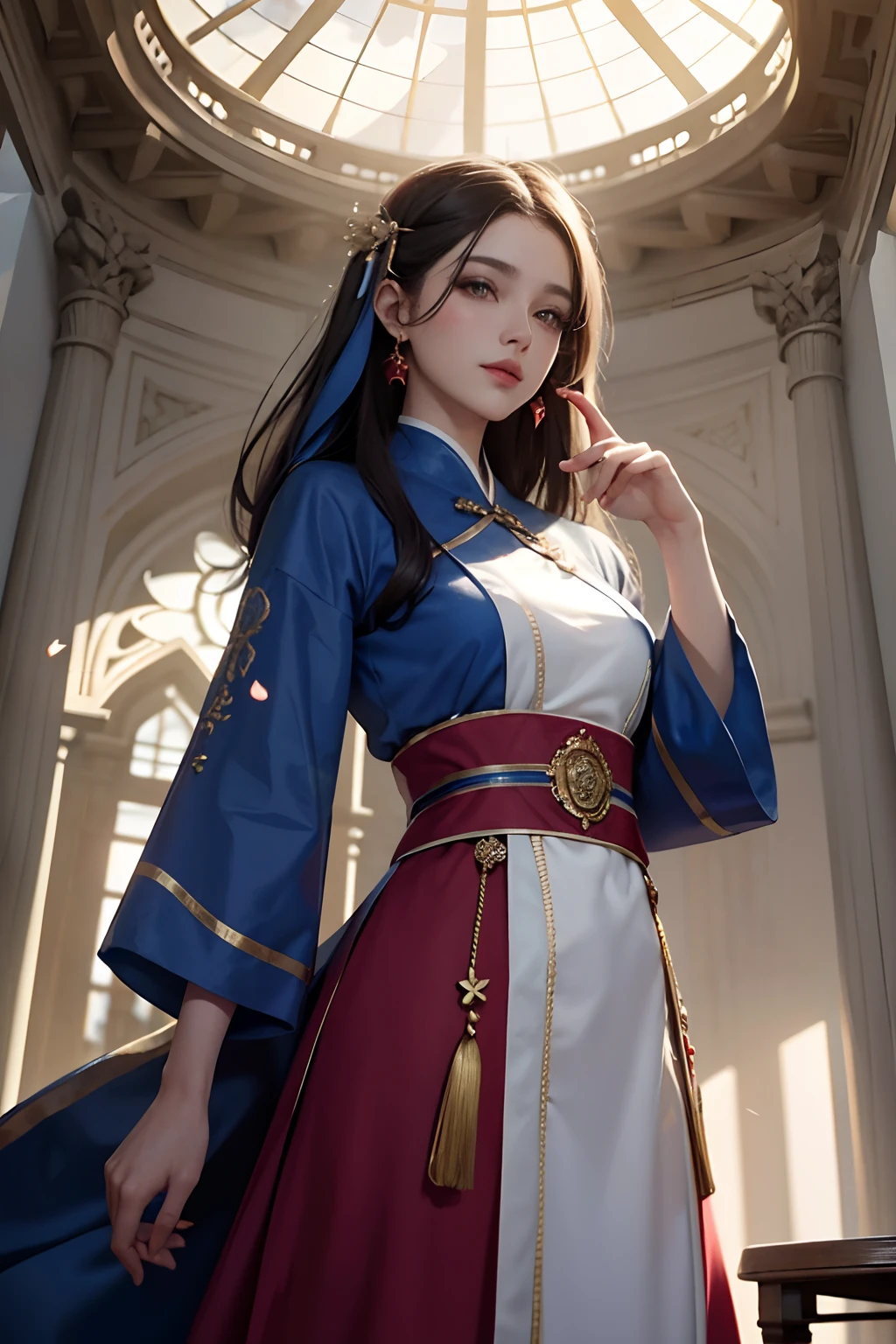 beste-Qualit, master piece, highres, (corps couvert par du caftan marocain qui couvre tout le corps entier respectable couleur bleu1.5), visage magnifique, (peau laiteuse: 1.3), intricate high detail, high resolucion, papier peint,
1fille, solo, robe, ornement de cheveux, (((robe or et rouge))), fleurs, cheveux longs, cheveux bruns, mouth closed, bijoux, manches longues, main haute, manches larges, grands yeux, cheveux flottants, chinese clothes, hanfu, broderie, jupe longue, pose naturelle, falling petals, interior, ventilateur, lanterne,
16K, HDR, high resolucion, champ de profondeur, (grain du film: 1.1), boken, Golden Hour, (Lens Flare), vignette, arc-en-ciel, (Color Grading: 1.5)