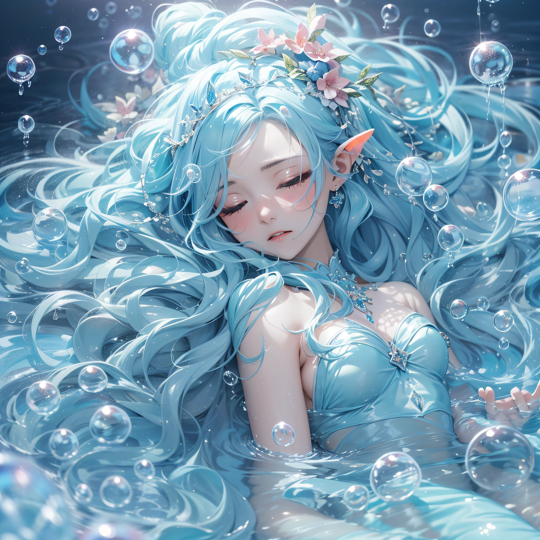 Beautiful water goddess with long light blue hair collapses on a bed of bubbles with sleepy eyes、​masterpiece、realisitic