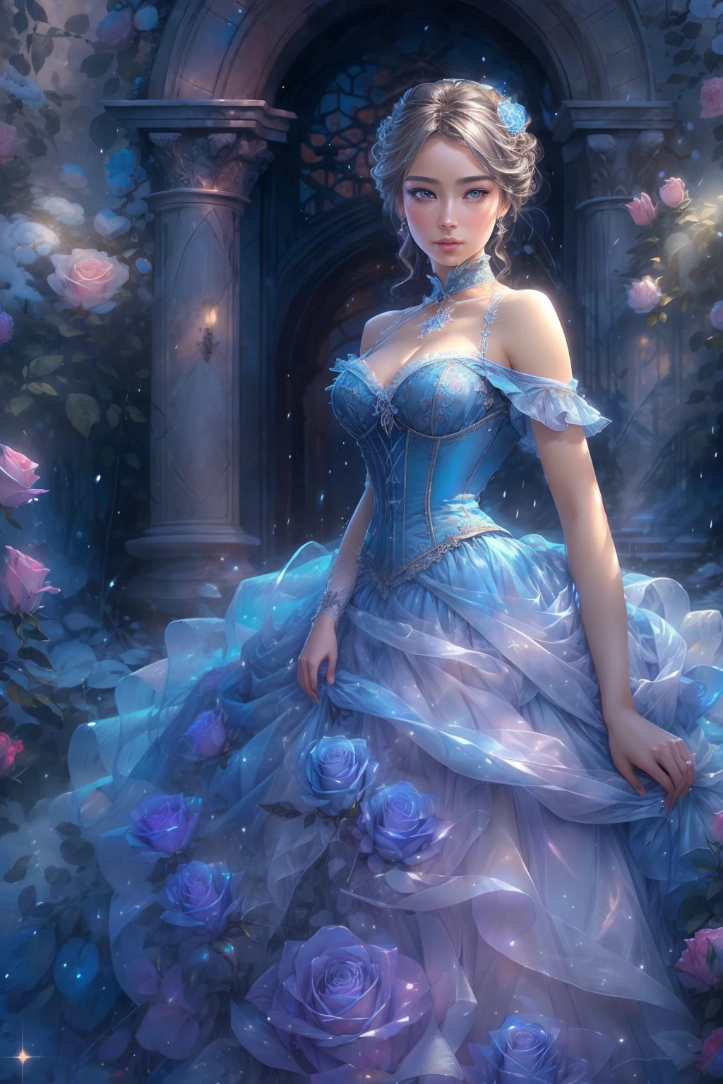 This is realistic (((fantasy))) artwork set in the frozen blue rose garden of an enchanted ice castle in winter and should consist of many shades of cold blue colors. It is snowing heavily. Generate a proud woman with a (((highly detailed face))) dressed in the billowing folds of a stunning French silk ballgown. The woman's elegant face is ((((highly detailed, with realistic features and soft, puffy lips.)))) The ballgown is embellished with ruffles, sashes, and bows and a delicately, but intricately, hand-embroidered bodice. The corset features silk ribbon. She is wearing Victorian royal winter outer clothes. The woman's stunning eyes are beautifully detailed, featuring realistic shading and multiple colors, and in high resolution. The woman is in a garden of eternal roses, each one beautifully formed and highly detailed. These realistic blue roses feature shimmering shades of light blue, dark blue, silver, and glimmering blue-purple. The eternal rose is a deep shade of periwinkle with shimmering iridescent overtones and undertones. Ensure that the woman's face, hair, and eyes are perfect. realism, high fantasy, whimsical fantasy, storybook fantasy, fairytale fantasy, fantasy details, enchanting, bewitching, 8k, hires, CGI, digital painting, unity, unreal engine, (((masterpiece))), intricate, elegant, highly detailed, majestic, digital photography, art by artgerm and ruan jia and Greg Rutkowski, (masterpiece, finely detailed beautiful eyes: 1.2), hdr, realistic skin texture, (((1woman))), (((solo))), Include a highly detailed face, extremely detailed face, and interesting background.