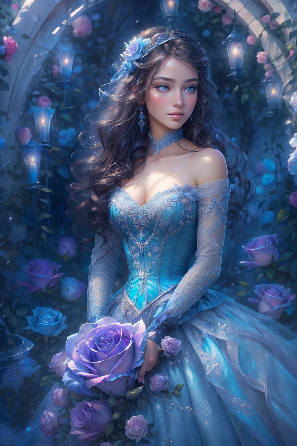 This is realistic (((fantasy))) artwork set in the frozen blue rose garden of an enchanted ice castle in winter and should consist of many shades of cold blue colors. It is snowing heavily. Generate a proud woman with a (((highly detailed face))) dressed in the billowing folds of a stunning French silk ballgown. The woman's elegant face is ((((highly detailed, with realistic features and soft, puffy lips.)))) The ballgown is embellished with ruffles, sashes, and bows and a delicately, but intricately, hand-embroidered bodice. The corset features silk ribbon. She is wearing Victorian royal winter outer clothes. The woman's stunning eyes are beautifully detailed, featuring realistic shading and multiple colors, and in high resolution. The woman is in a garden of eternal roses, each one beautifully formed and highly detailed. These realistic blue roses feature shimmering shades of light blue, dark blue, silver, and glimmering blue-purple. The eternal rose is a deep shade of periwinkle with shimmering iridescent overtones and undertones. Ensure that the woman's face, hair, and eyes are perfect. realism, high fantasy, whimsical fantasy, storybook fantasy, fairytale fantasy, fantasy details, enchanting, bewitching, 8k, hires, CGI, digital painting, unity, unreal engine, (((masterpiece))), intricate, elegant, highly detailed, majestic, digital photography, art by artgerm and ruan jia and Greg Rutkowski, (masterpiece, finely detailed beautiful eyes: 1.2), hdr, realistic skin texture, (((1woman))), (((solo))), Include a highly detailed face, extremely detailed face, and interesting background.