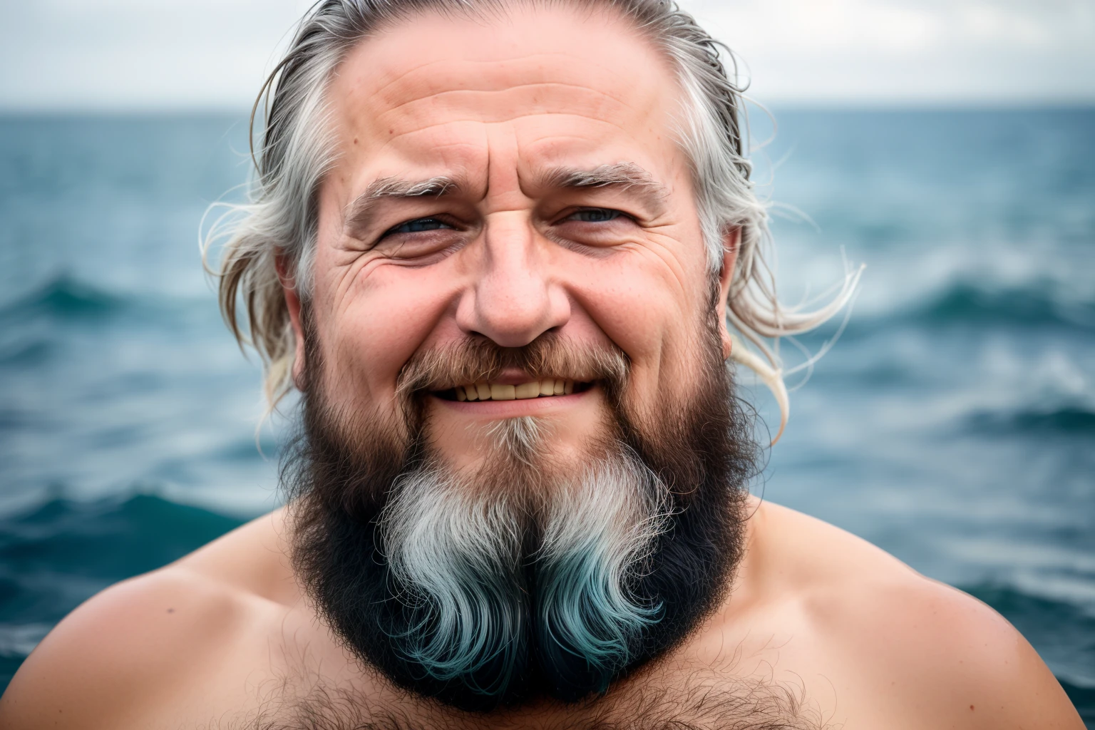Intricate detail and quality RAW analog style photograph of a happy bearded old man in the middle of the sea,
vestindo uma roupa de mergulho azul e cinza,
Ultra sharp focus on male,
fotografia de retrato premiada,
sharp focus on (cabelo molhado),
clouded skies,
Storm
photographed with nikon d6 f 200mm camera/3.5 lente, realista raytracing natural