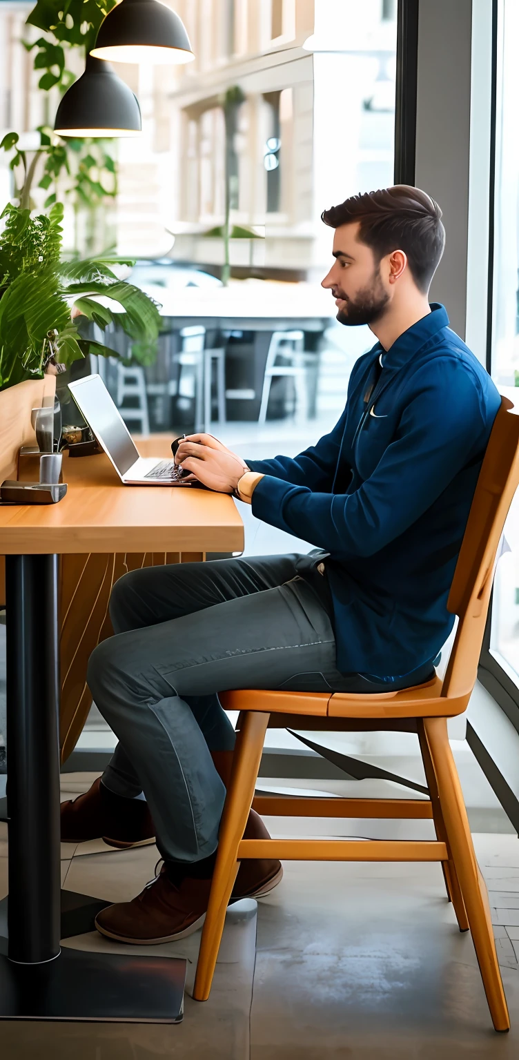 Programmer sitting in cafe and coding