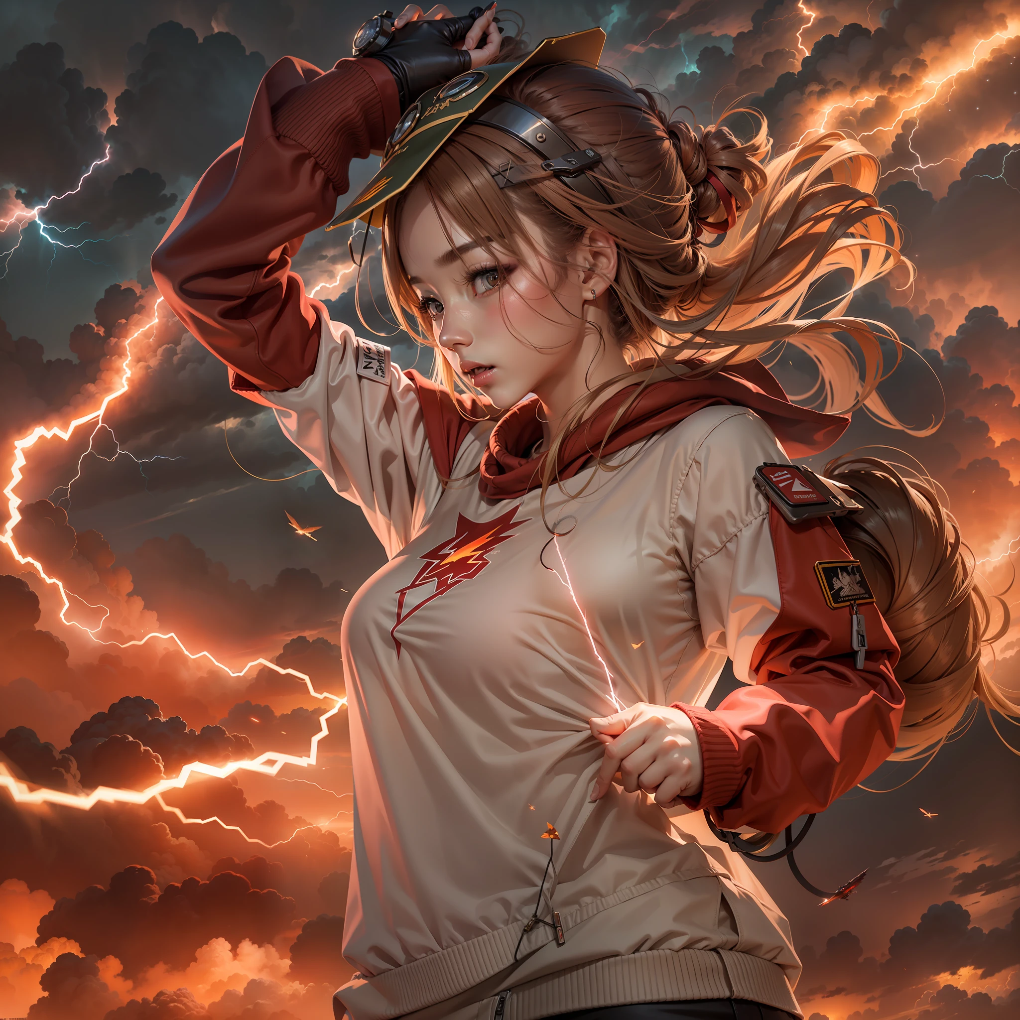Female survival role play，Red sweater，Lightning and lightning，Fly the sky。3Drenderingof