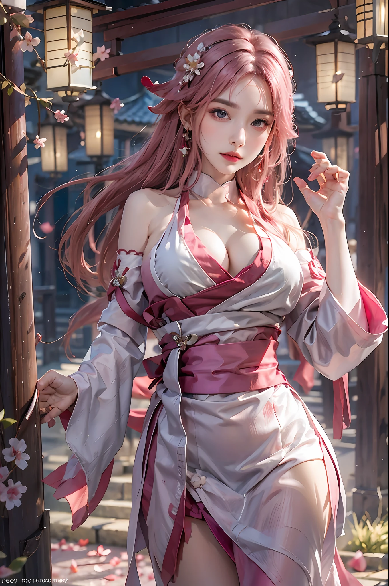 photorealistic, high resolution, 1women, solo, hips up, look at viewer, yae miko, large breasts, , cleavage,detached sleeves, bare shoulders, pink hair, long hair, open clothes, best quality, (hair ornament:1.35), jewelry, purple eyes, earrings, torii, cherry blossoms, lantern light, depth of field, detailed face, face focus, ribbon_trim, nontraditional miko, shiny skin, long sleeves