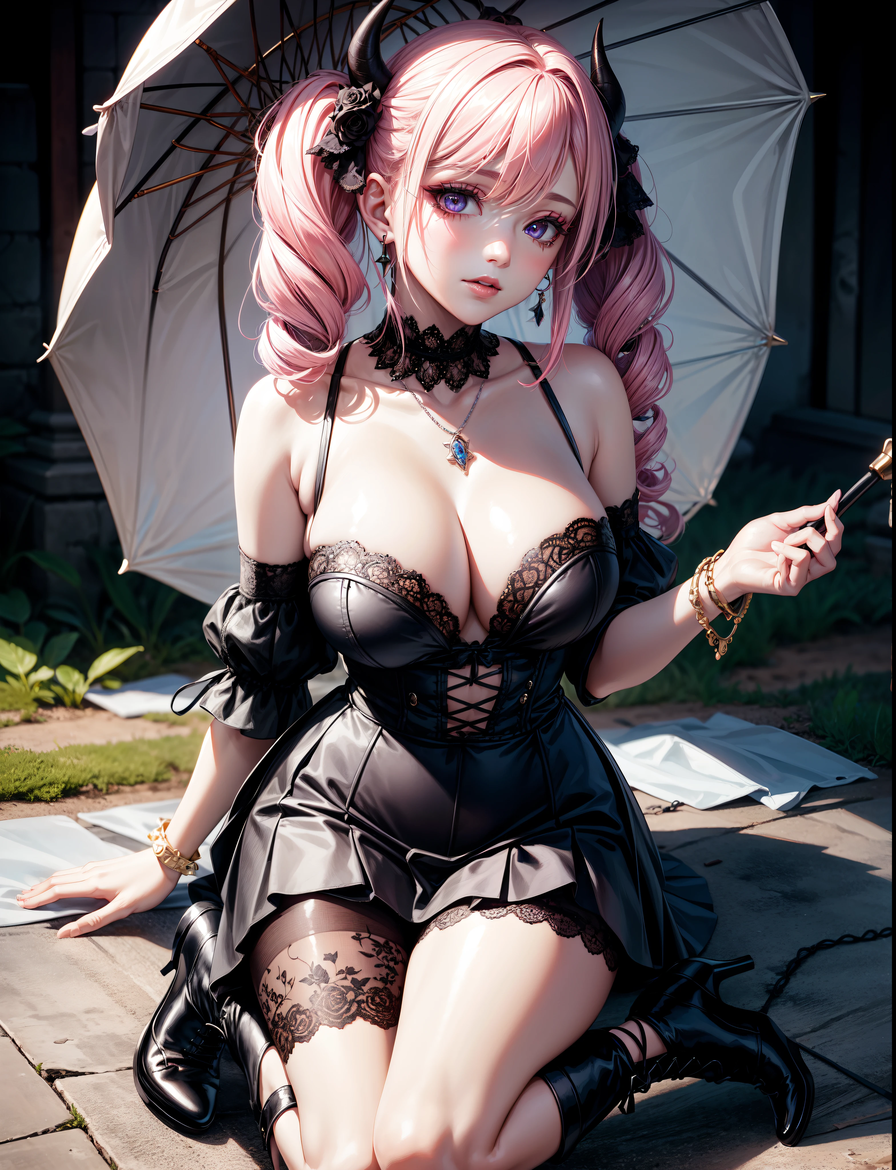 4k, twin tails ,Lens flare, pink hair ,mascara, eyeliner, god rays, 4k, 8k, best quality, masterpiece, hyper detailed, intricate detail, 1girl, solo, detailed, Detailed fuschia hair ++, detailed pink eyes ++, raytracing, perfect shadow, highres, enhanced eyes, huge breasts, horns, seductive, hyper detailed, Bustier: A black satin bustier with intricate lace overlay, featuring structured boning and velvet trim.
Skirt: A layered ruffled skirt with lace and tulle, creating volume and drama.
Footwear: Lace-up ankle boots with chunky heels and a dark floral pattern etched into the leather.
Accessories:
Choker: A wide lace choker with a cameo pendant featuring a portrait in a silver frame.
Earrings: Silver drop earrings with black crystal teardrops and ornate filigree designs.
Bracelets: A set of black lace wrist cuffs adorned with silver chains and dark gemstones.
Parasol: A lace-trimmed parasol with a dark pattern and a silver handle.
Hair: A half-up, half-down hairstyle with intricate braids, adorned with small black roses and ribbons.
Makeup: Pale complexion with dark and smoky makeup, including a winged eyeliner, dark eyeshadows, and a deep plum lip.