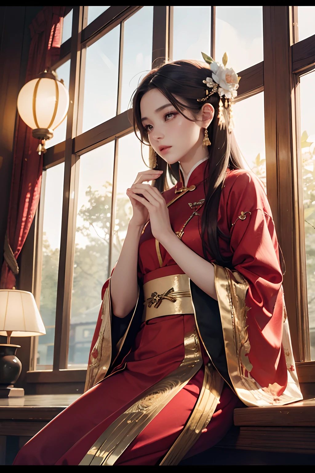 best quality, masterpiece, highres, (exquisite body:1.5),gorgeous face,(milky skin:1.3),intricate details,high resolution,wallpaper,
1girl, solo, dress, hair ornament, (((gold and red dress))), flowers, long hair, brown hair, closed mouth, jewelry, long sleeves, hand up, wide sleeves, big eyes,floating hair, chinese clothes, hanfu, embroidery, long skirt, natural pose, falling petals, indoor,fanning, lantern,
16K,HDR,highres,depth field,(film grain:1.1),boken,golden hour,(lens flare),vignette,rainbowing,(color grading:1.5)