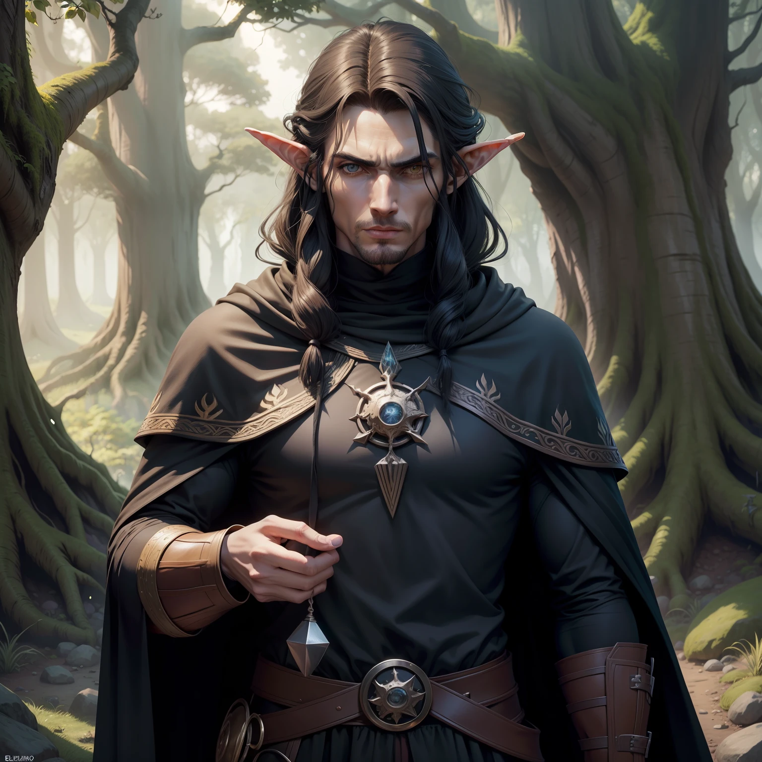Elfo Mago Homem ,personagem de d&d ,corpo inteiro ,Cabelo preto ,Vestes arcanas pretas ,Large tree in scenery ,Cajado preto