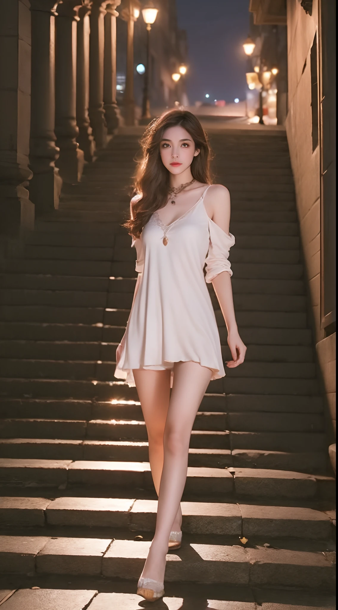 The mystery and tranquility of a moonlit night 🌙，Woman walking on the stone steps of the ancient street，The skin of the long legs is delicate and charming