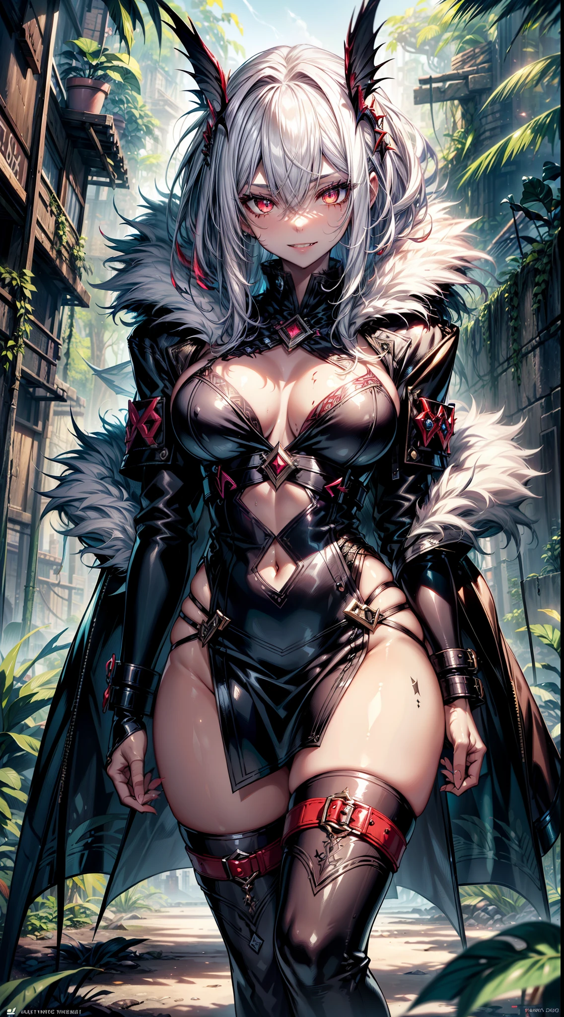 realistic photo of slaved (savage, tribal, jungle)_vampire with (white hair), bat fur, coat|wings, ((fangs)), colorful extremely_detailed_(tribal, jungle)_tight_(lacy, leather, fur, silk, satin, latex)_(clothing, skirt), high collar, detailed face, detailed beautiful shiny red eyes, slit pupils, metallic reflections, ((tatooed, marked)_with_shining_runes)_fit_muscular_body, shiny skin, tropical city ruins fog, 1girl, natural breasts, medium length white hair, masterpiece, best quality, beautiful and aesthetic:1.2, fractal art:1.4