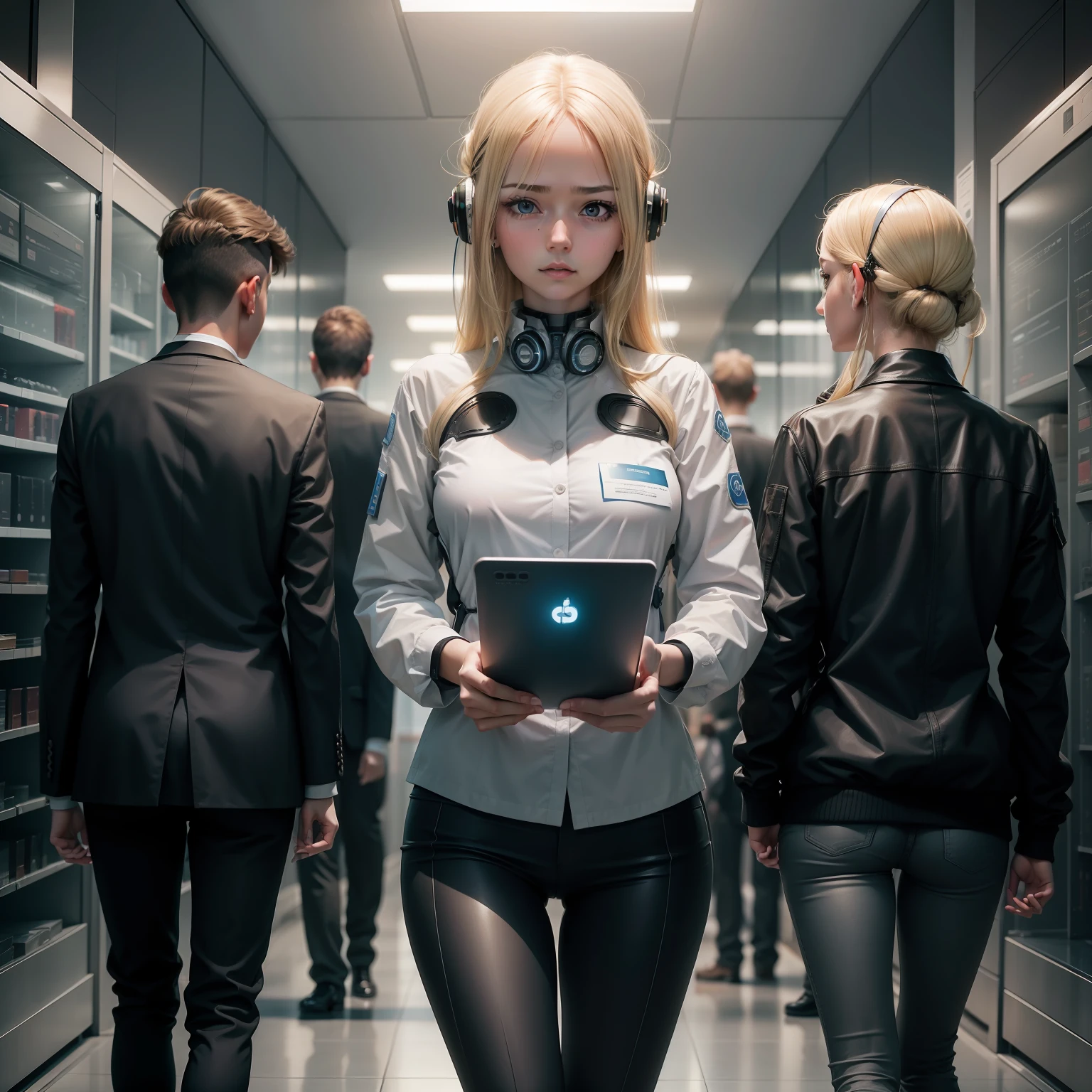 professionals from various professions and the fear of losing jobs because of artificial intelligence, Blonde girl with serious look and people on their backs with their heads slightly lowered