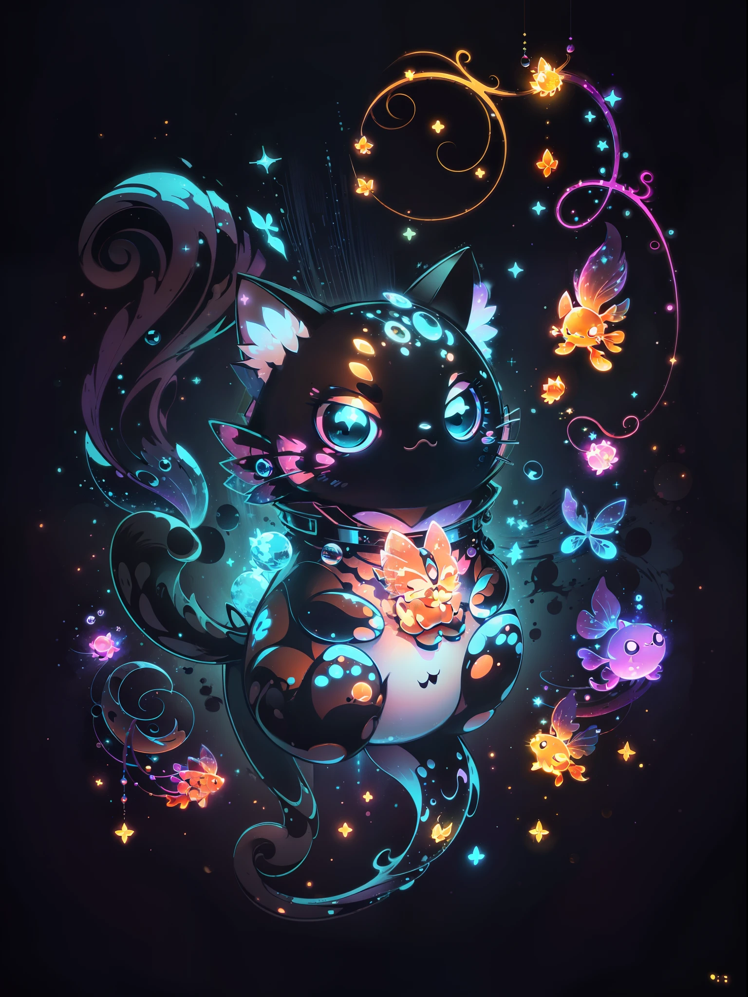 (((tmasterpiece))), 4k resolution, higly detailed, hiquality, hight resolution, ultradetailed, 8K, beste-Qualit, A cute cat hung beautifully in the air, among glowing fish and crystals, Fireflies, magical light, Neon