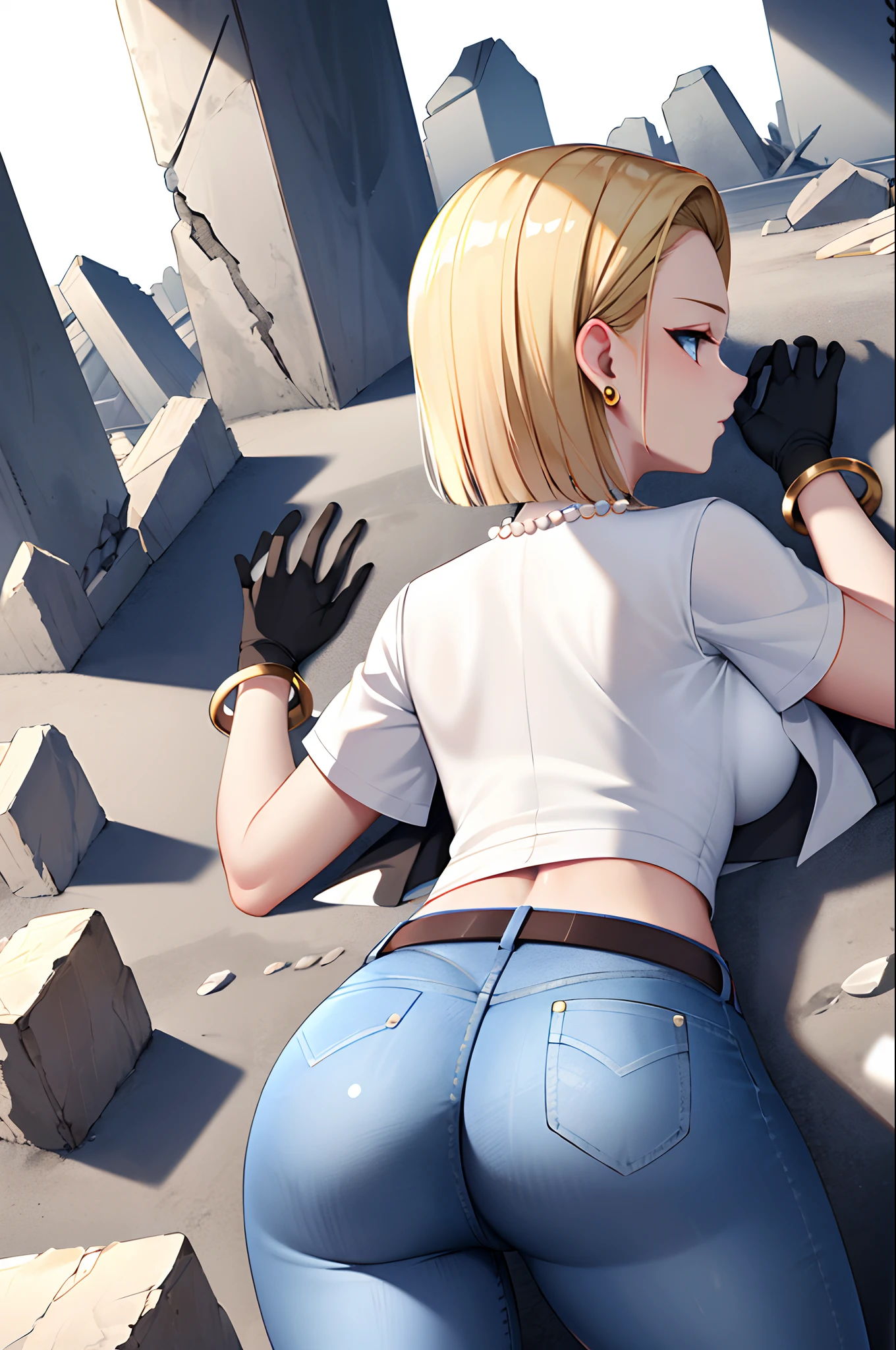 best quality, highres, and18, 1girl, android 18, solo, blue eyes, blonde hair, belt, jeans, pearl_necklace, bracelet, black gloves, white shirt, short hair, short sleeves, earrings, blue pants, open vest, black vest, large breasts, (ruins:1.3), lying, from behind, ass,