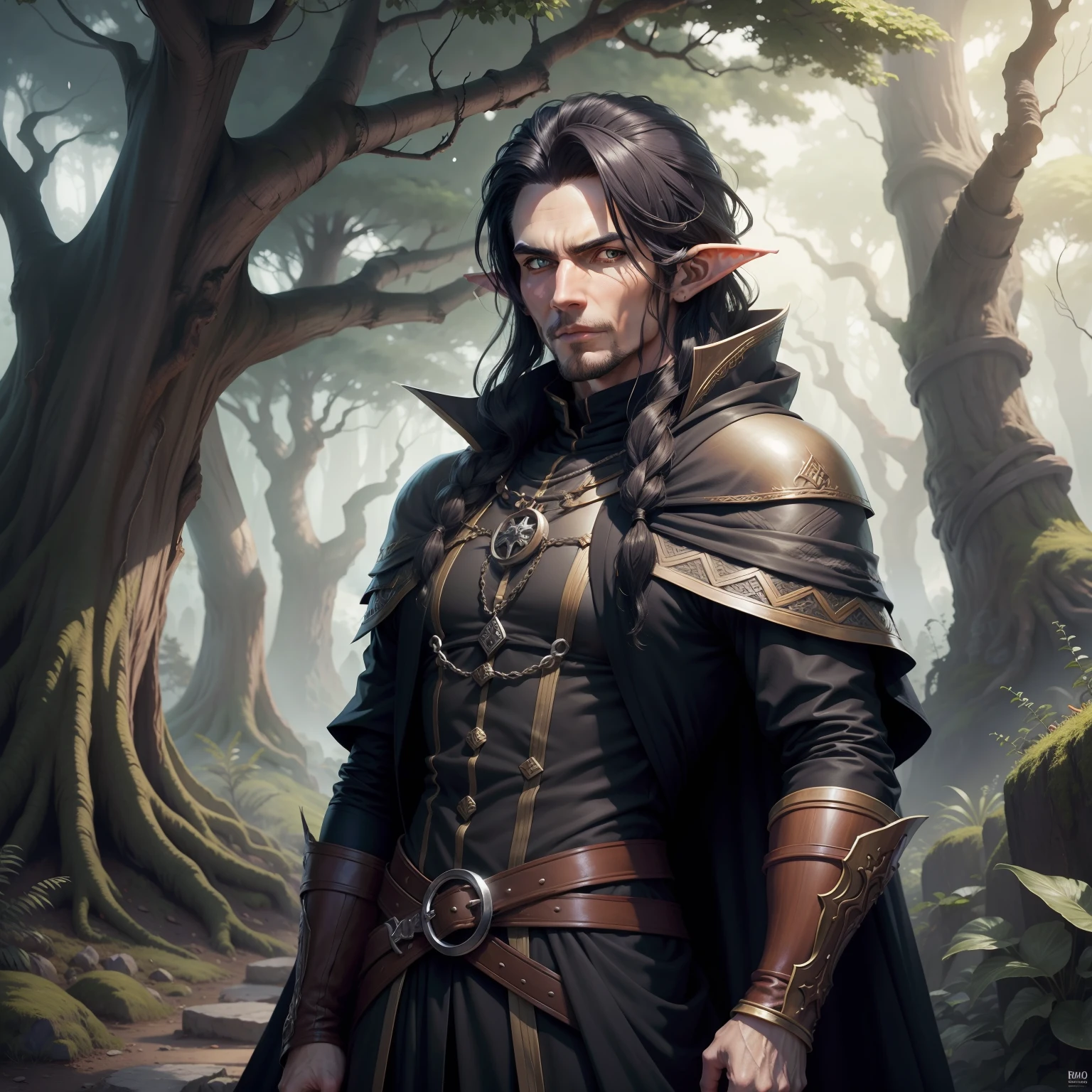 Elfo Mago Homem ,personagem de d&d ,corpo inteiro ,Cabelo preto ,Vestes arcanas pretas ,Large tree in scenery ,Cajado preto