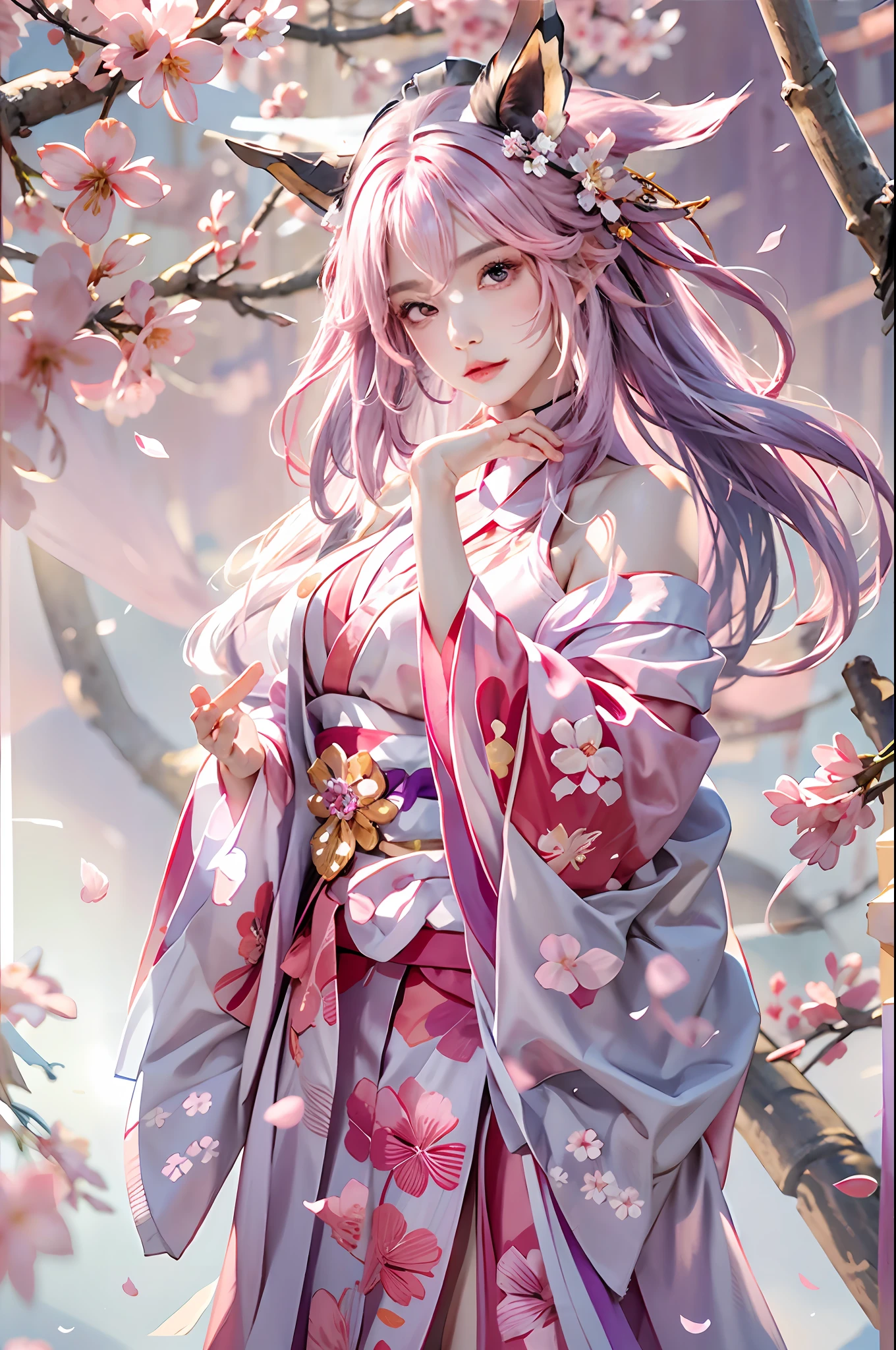 photorealistic, high resolution, 1women, solo, hips up, look at viewer, yae miko, animal ears, bare shoulders, blush, breasts, cherry blossoms, closed mouth, detached sleeves, earrings, flower, fox ears, gem, hair between eyes, hair ornament, hand up, japanese clothes, jewelry, kimono, long hair, looking at viewer, medium breasts, miko, nontraditional miko, pink eyes, pink flower, pink hair, purple gemstone, short kimono, sidelocks