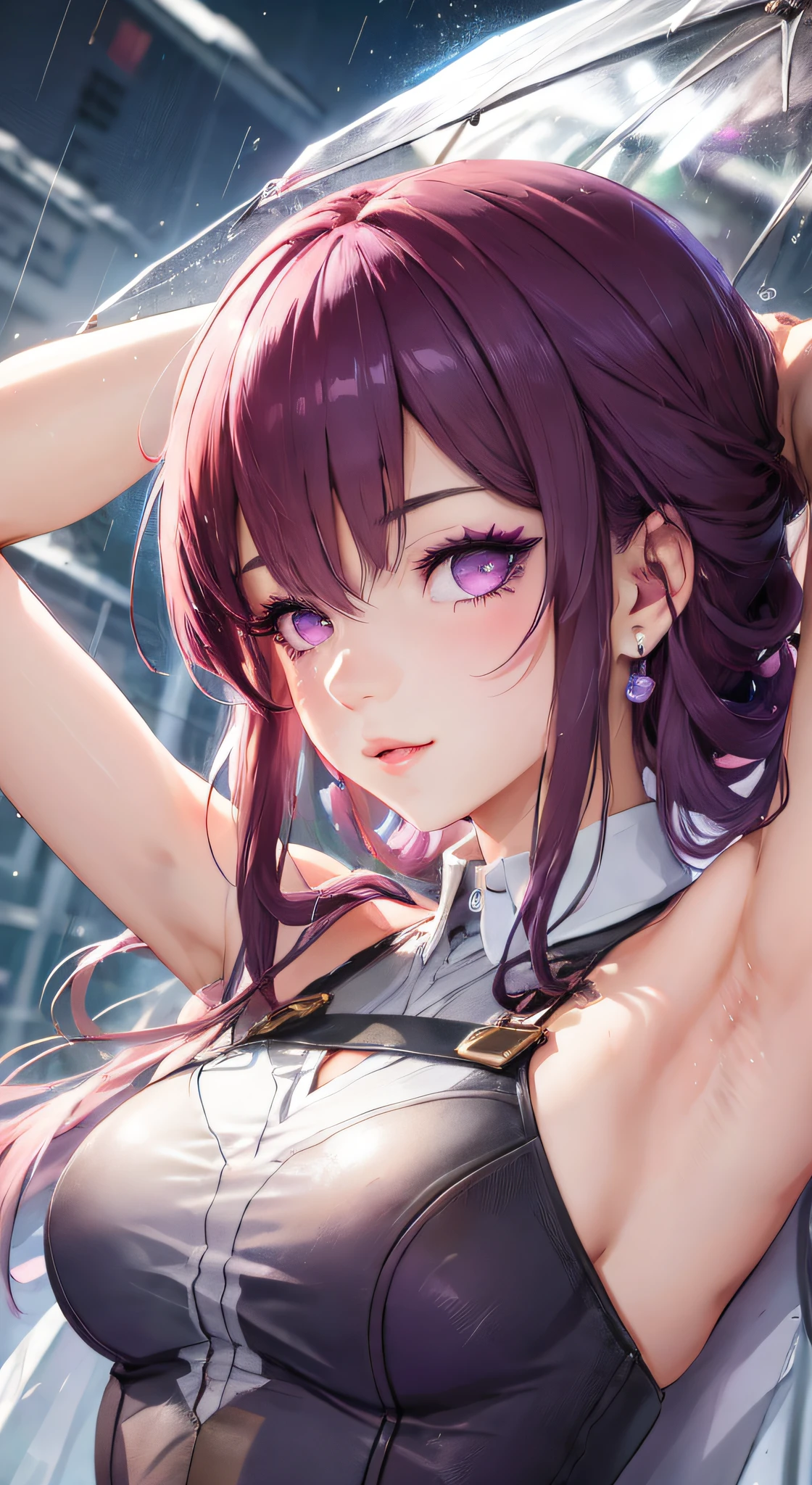 anime girl with purple hair and purple eyes posing in the rain, best anime 4k konachan wallpaper, detailed digital anime art, seductive anime girl, anime style 4 k, 4k anime wallpaper, anime art wallpaper 4 k, anime art wallpaper 4k, smooth anime cg art, anime wallpaper 4k, anime wallpaper 4 k, detailed portrait of anime girl,ultra detailed