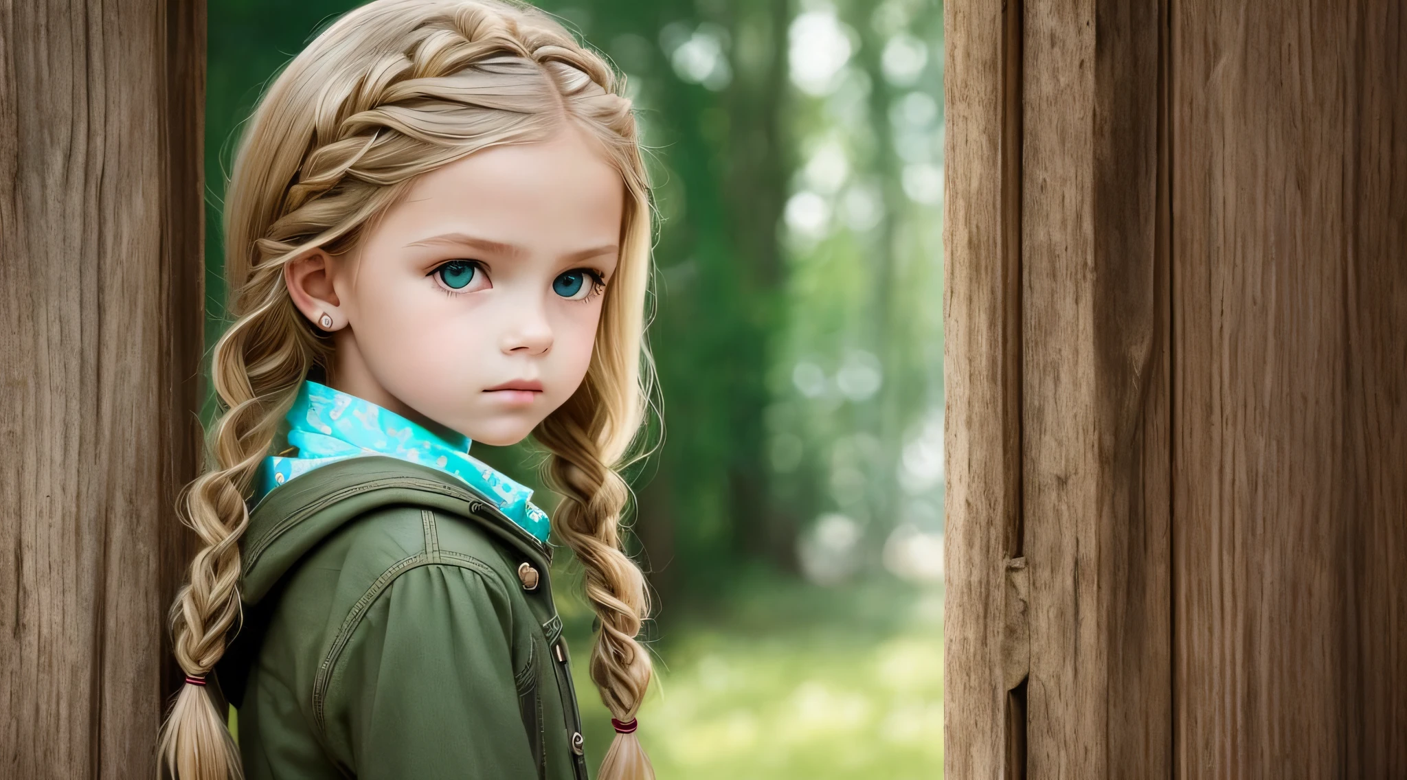 girl CHILD , Russian blonde in braids, retrato, com roupa de jaqueta de couro E VELAS ACESSAS, TEMA DE TERROR, green --auto --s2