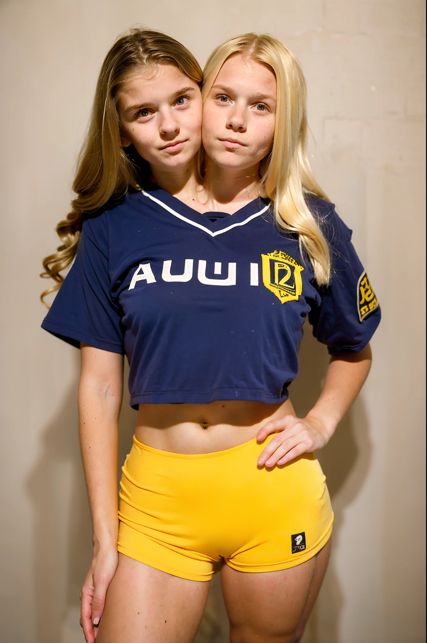 2heads, two headed girl, (12 year old girl:1.5), (female:1.5), (blonde:1.5), (two heads attached to one body:1.4), conjoined twins, heads side by side, one torso, young, uncomfortable, barefoot