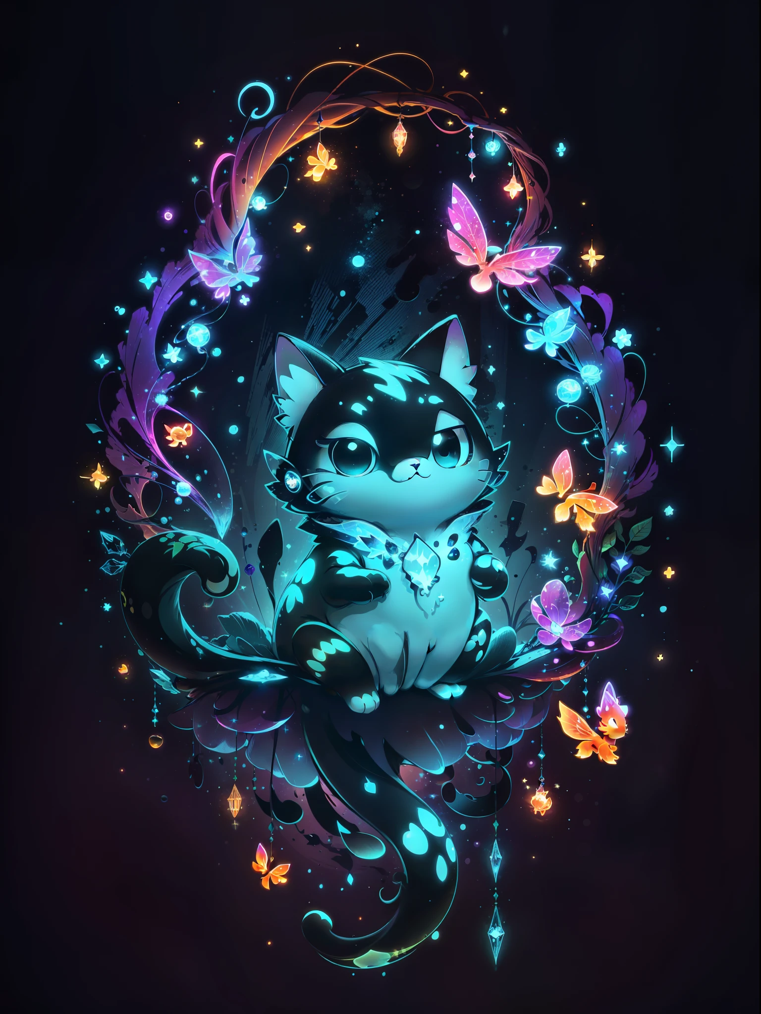 (((tmasterpiece))), 4k resolution, higly detailed, hiquality, hight resolution, ultradetailed, 8K, beste-Qualit, A cute cat hung beautifully in the air, among glowing fish and crystals, Fireflies, magical light, Neon