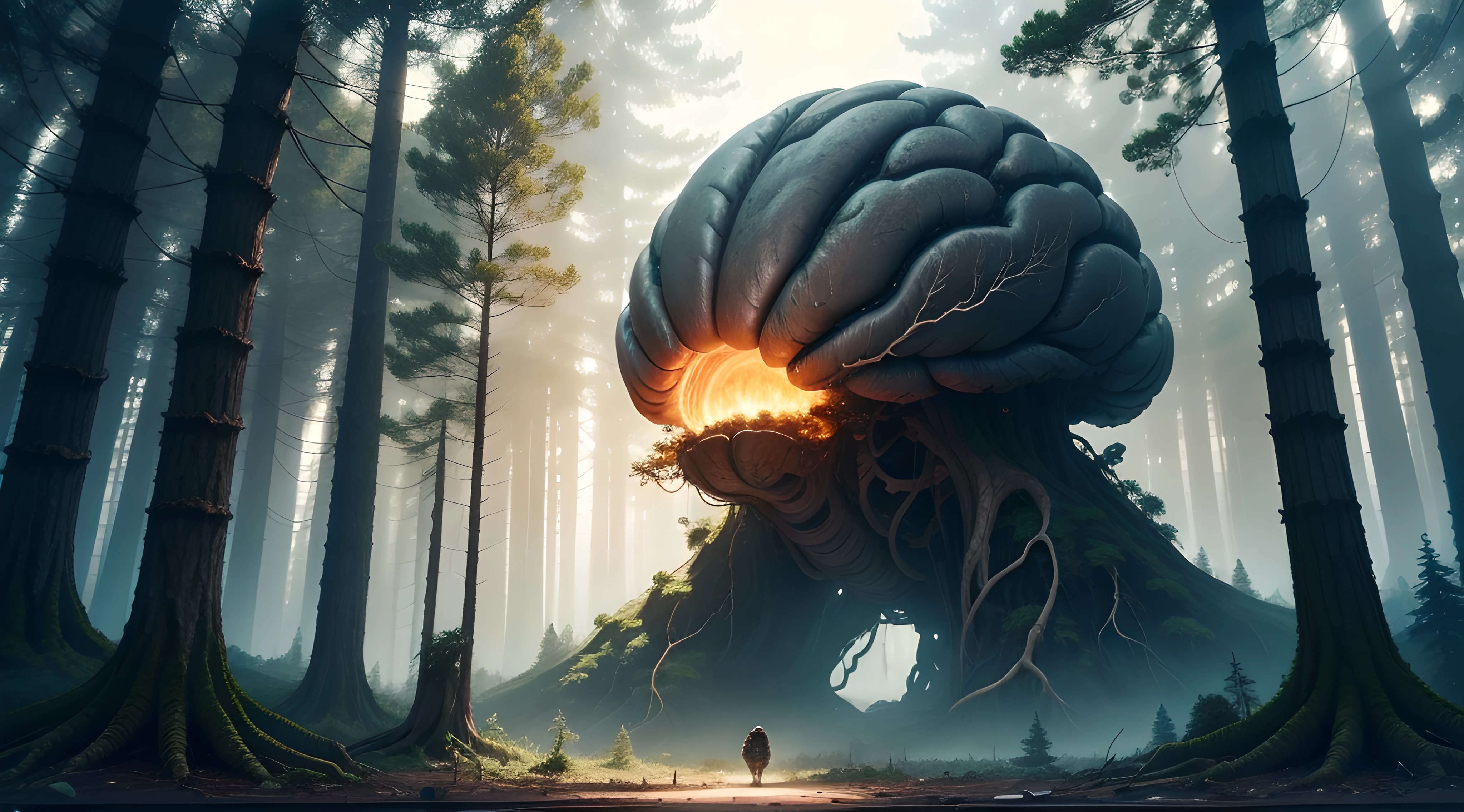 Giant brain in the middle of a clearing in the forest. Sci-fi.