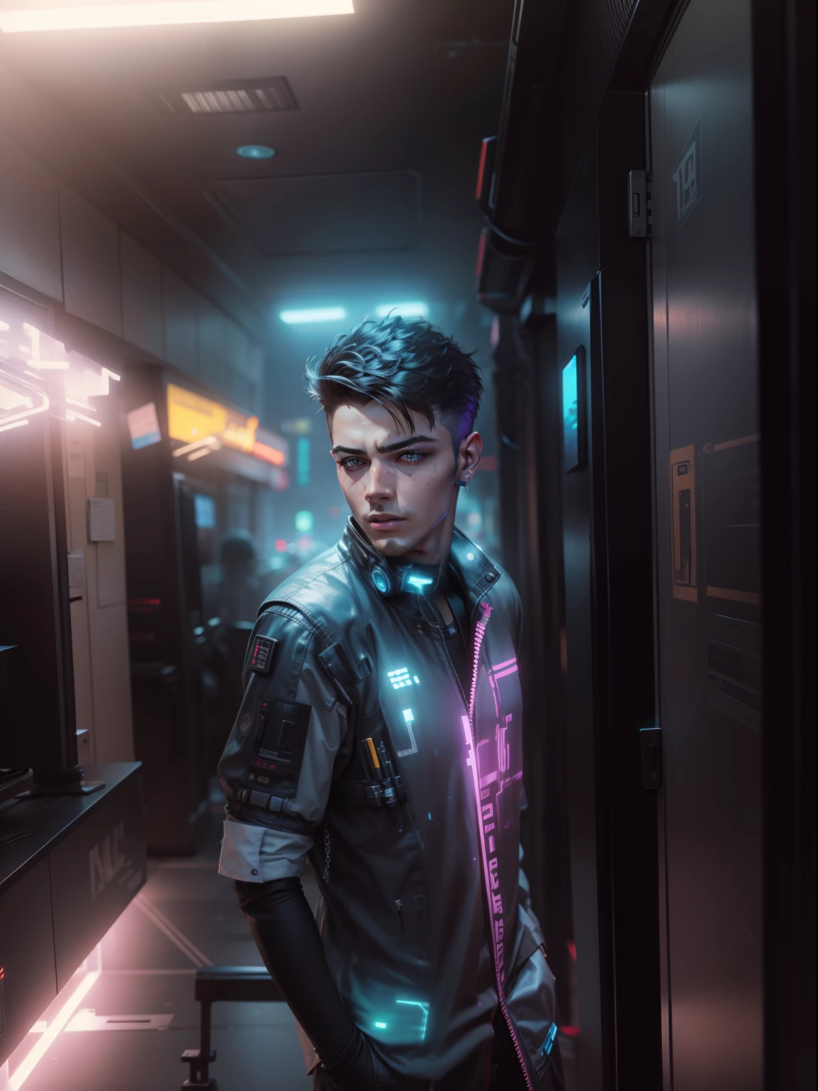 Change background cyberpunk handsome boy, realistic face, 8k, ultra realistic,