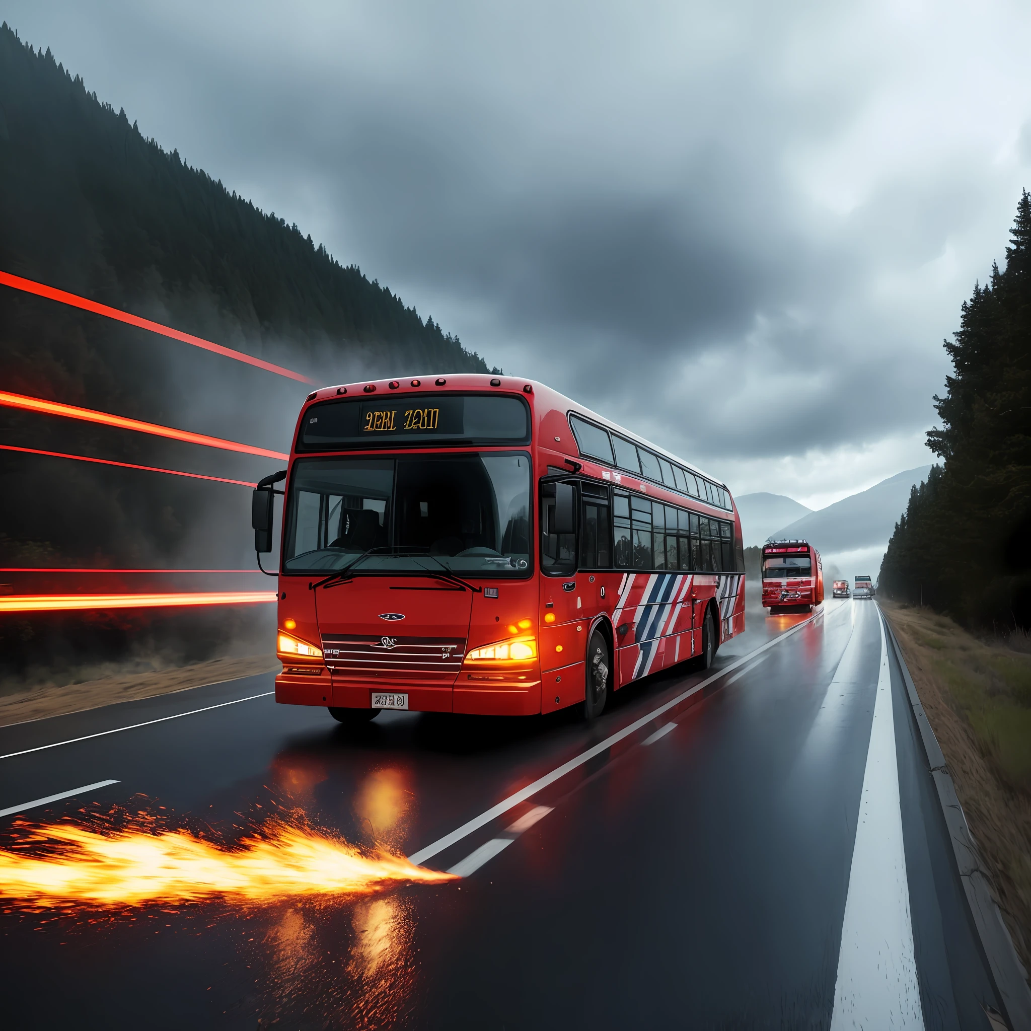 (((Capture an intense and action-packed image))) of a high-speed police chase involving the bus journeying west. The bus should be racing through curvy mountain roads, with rain pouring down and creating a dramatic atmosphere. The windshield should flash pink, adding a touch of surrealism to the scene. The bus's dented flank of blue, beat-up enamel should showcase its ruggedness and history. To heighten the excitement, depict sparks flying from the flat tires as the bus pushes its limits. The image should convey a sense of urgency, with police vehicles in pursuit, sirens blaring, and flashing lights illuminating the surroundings. The composition should capture the adrenaline-fueled chase, with the motion blur effect emphasizing the high speed and intensity of the moment. --auto
