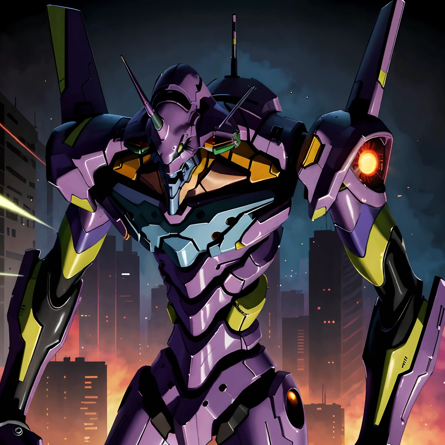 eva 01, Laser beam,evagod,evangelion mecha, science fiction, looking at viewer, (official art, Best quality, masterpiece:1.2), illustration, high res, beautiful abstract background, Futurism, cyberpunk, intense angle, close-up