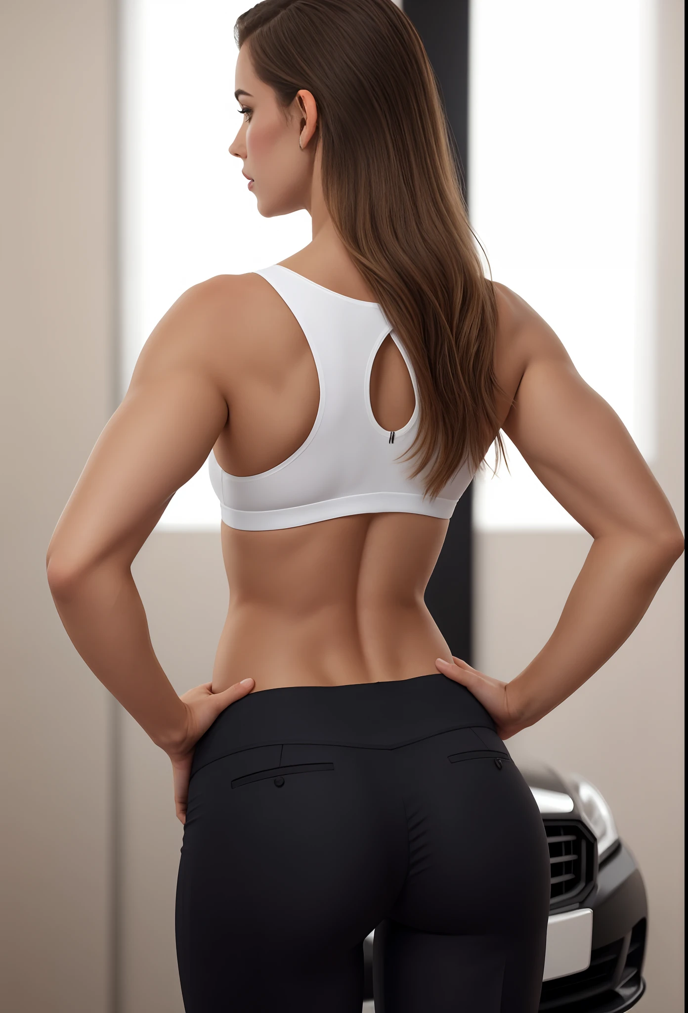 A gorgeous woman in a white top and black pants standing in a parking lot, Concentre-se nas costas, costas arqueadas, back pose, corpo em forma, costas arqueadas, menina em forma, Costas - Pneu, her back is to us, from the back, mulher em forma, from the back, corpo tonificado, Back from Toned, athletic muscle tone, Photo adjustment, corpo em magro sexy