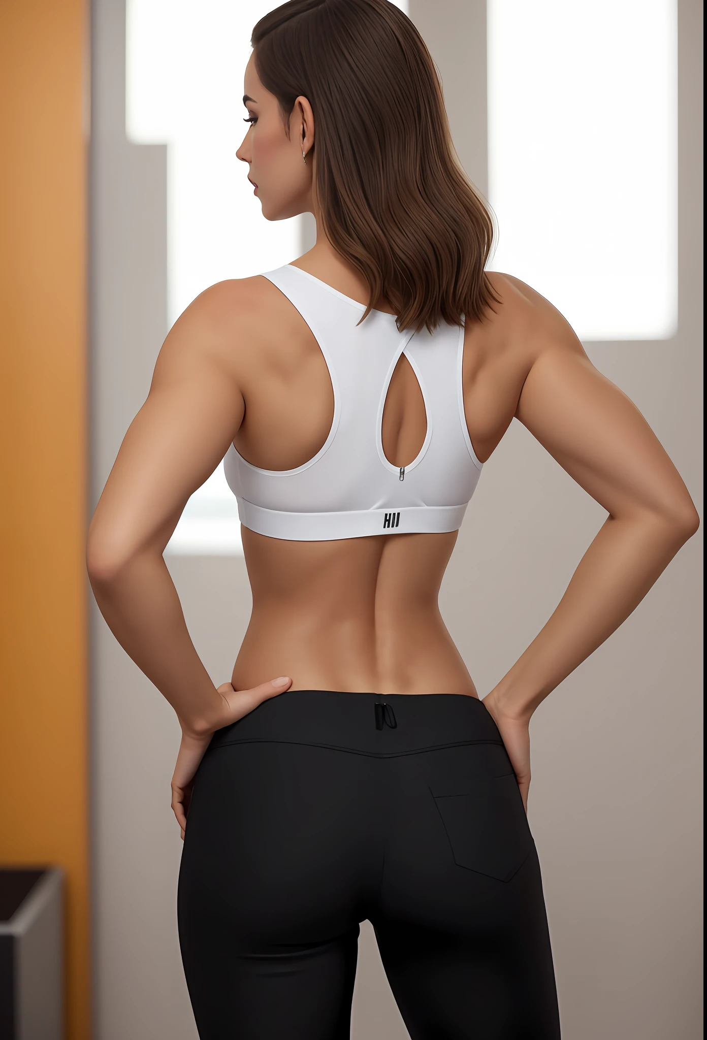 A gorgeous woman in a white top and black pants standing in a parking lot, Concentre-se nas costas, costas arqueadas, back pose, corpo em forma, costas arqueadas, menina em forma, Costas - Pneu, her back is to us, from the back, mulher em forma, from the back, corpo tonificado, Back from Toned, athletic muscle tone, Photo adjustment, corpo em magro sexy