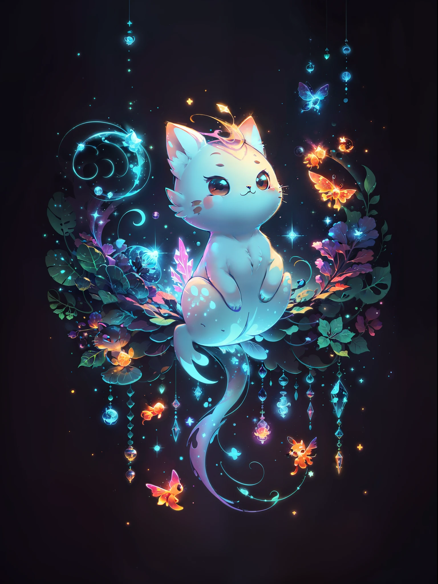 (((tmasterpiece))), 4k resolution, higly detailed, hiquality, hight resolution, ultradetailed, 8K, beste-Qualit, A cute cat hung beautifully in the air, among glowing fish and crystals, Fireflies, magical light, Neon
