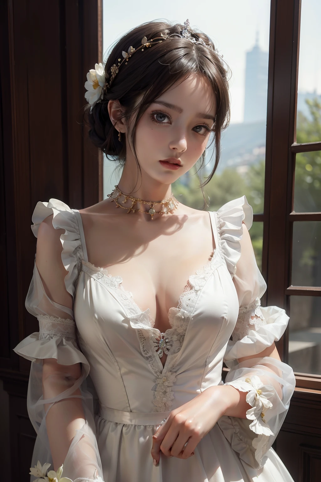 1girl, looking at viewer, upper body, 3D, realistic, large breasts, excessively frilled princess dress, draped clothes, jewelry, ornament, flower, lace trim, masterpiece, best quality, 8k, detailed skin texture, detailed cloth texture, beautiful detailed face, intricate details, ultra detailed, rim lighting, side lighting, cinematic light, ultra high res, 8k uhd, film grain,best shadow, delicate, RAW, visible pussy, NSFW, sexy