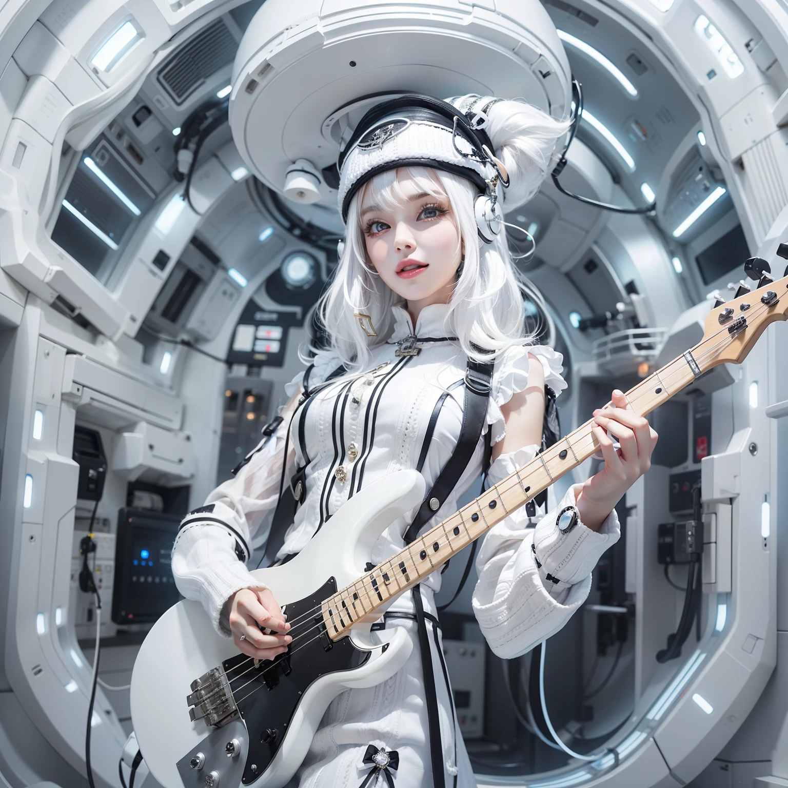 Enchanted woman happy to raise her hand Perfect beauty Beautiful white skin beautidful eyes Look at viewers Lustrous lips Lovely smile White hair Knitted hats Have an electric bass guitar is standing Futuristic ta costumes designed in white and black Functional head phone Spaceship ship