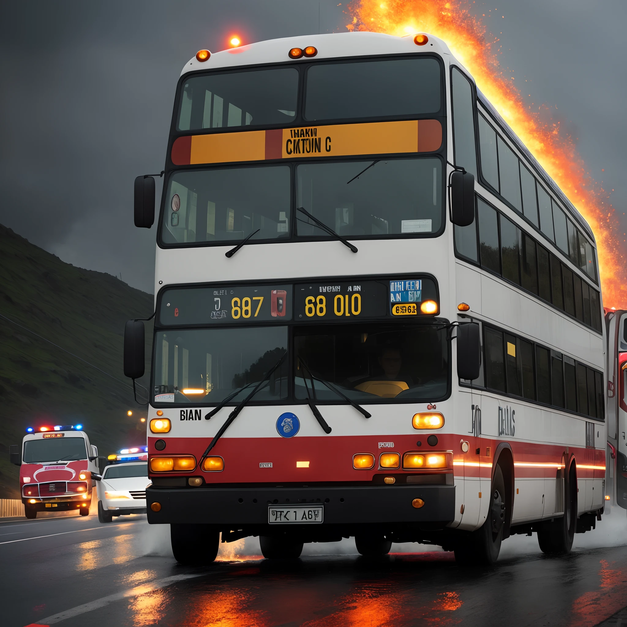 (((Capture an intense and action-packed image))) of a high-speed police chase involving the bus journeying west. The bus should be racing through curvy mountain roads, with rain pouring down and creating a dramatic atmosphere. The windshield should flash pink, adding a touch of surrealism to the scene. The bus's dented flank of blue, beat-up enamel should showcase its ruggedness and history. To heighten the excitement, depict sparks flying from the flat tires as the bus pushes its limits. The image should convey a sense of urgency, with police vehicles in pursuit, sirens blaring, and flashing lights illuminating the surroundings. The composition should capture the adrenaline-fueled chase, with the motion blur effect emphasizing the high speed and intensity of the moment. --auto
