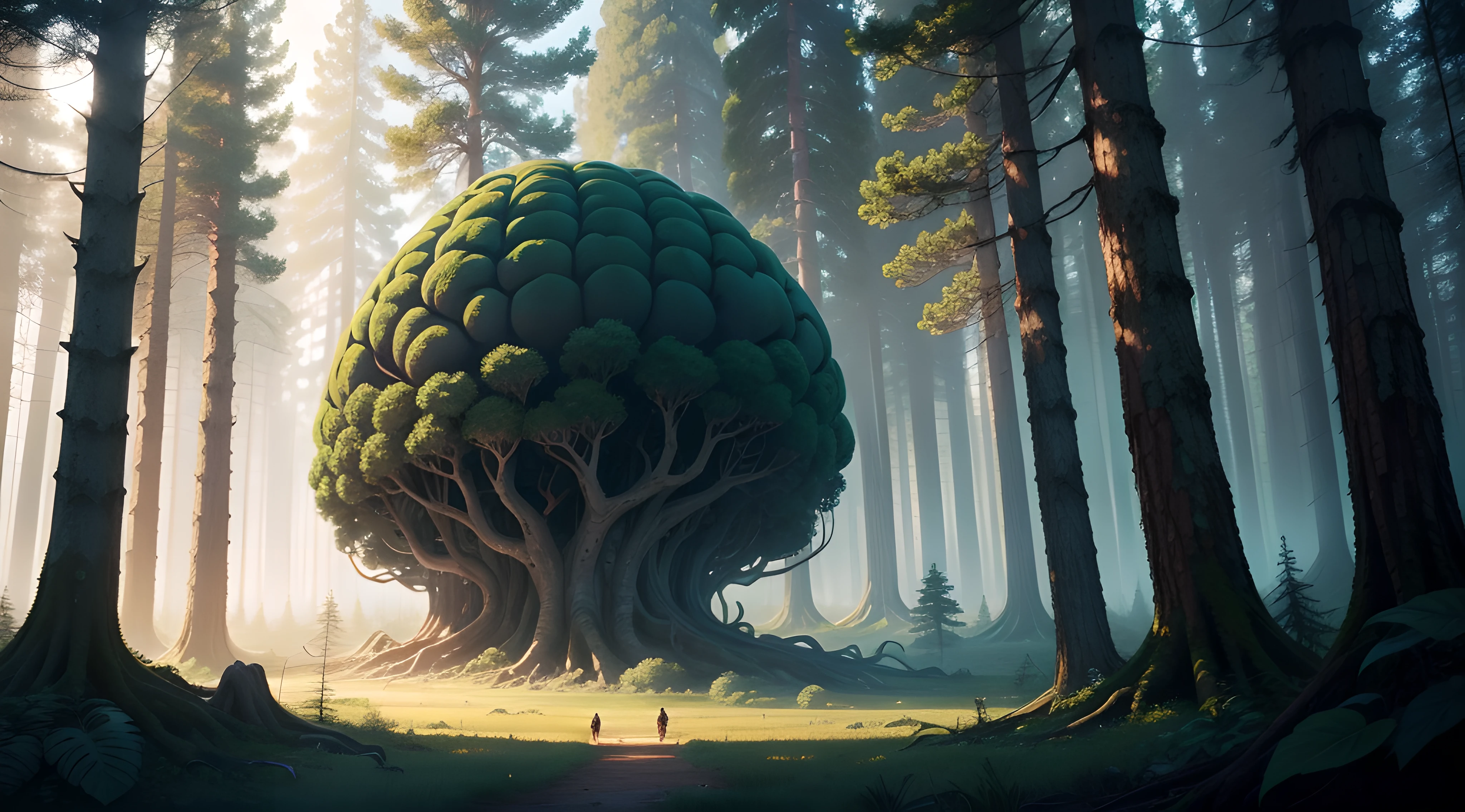 Giant brain in the middle of a clearing in the forest. Sci-fi.