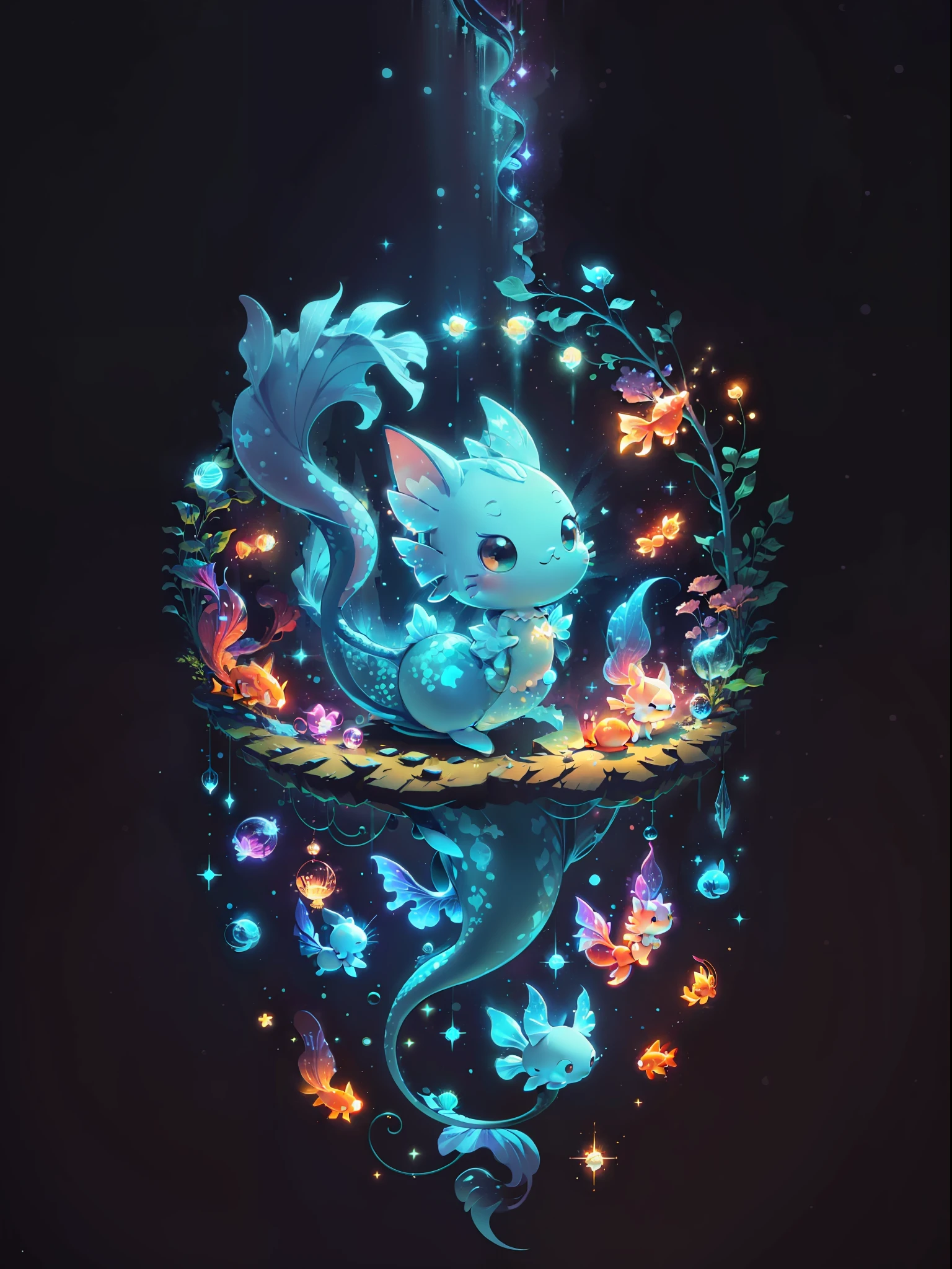 (((tmasterpiece))), 4k resolution, higly detailed, hiquality, hight resolution, ultradetailed, 8K, beste-Qualit, Cute cat with a mermaid's tail, The Little Mermaid Cat, hung beautifully in the air, among glowing fish and crystals, Fireflies, magical light, Neon