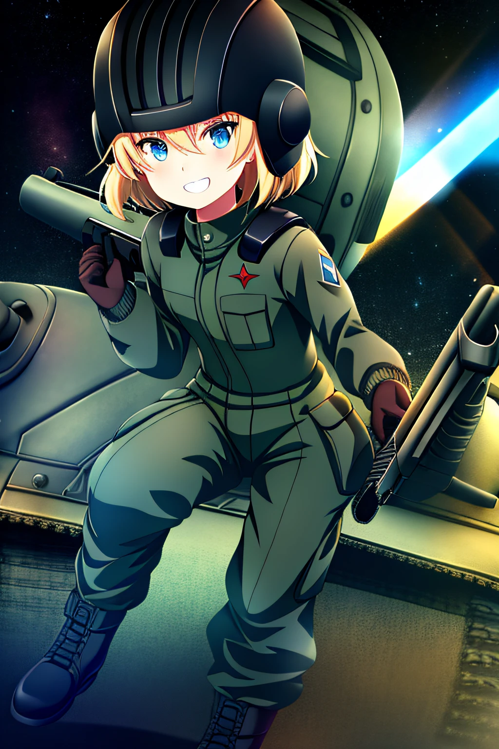 Masterpiece, Highest quality, Best quality, 1girll, Solo, view the viewer, 
Katyusha, blackfootwear, Black gloves, Black tiara, Blonde hair, Blue eyes, girls und panzer, mitts, Green jumpsuit, Gun, helmet, Jumpsuit, army suit,  Short hair, Short jumpsuits, Tank helmet, uniform, lozhkin, accurate teeth with gaps, Mouth open，Eyes facing up