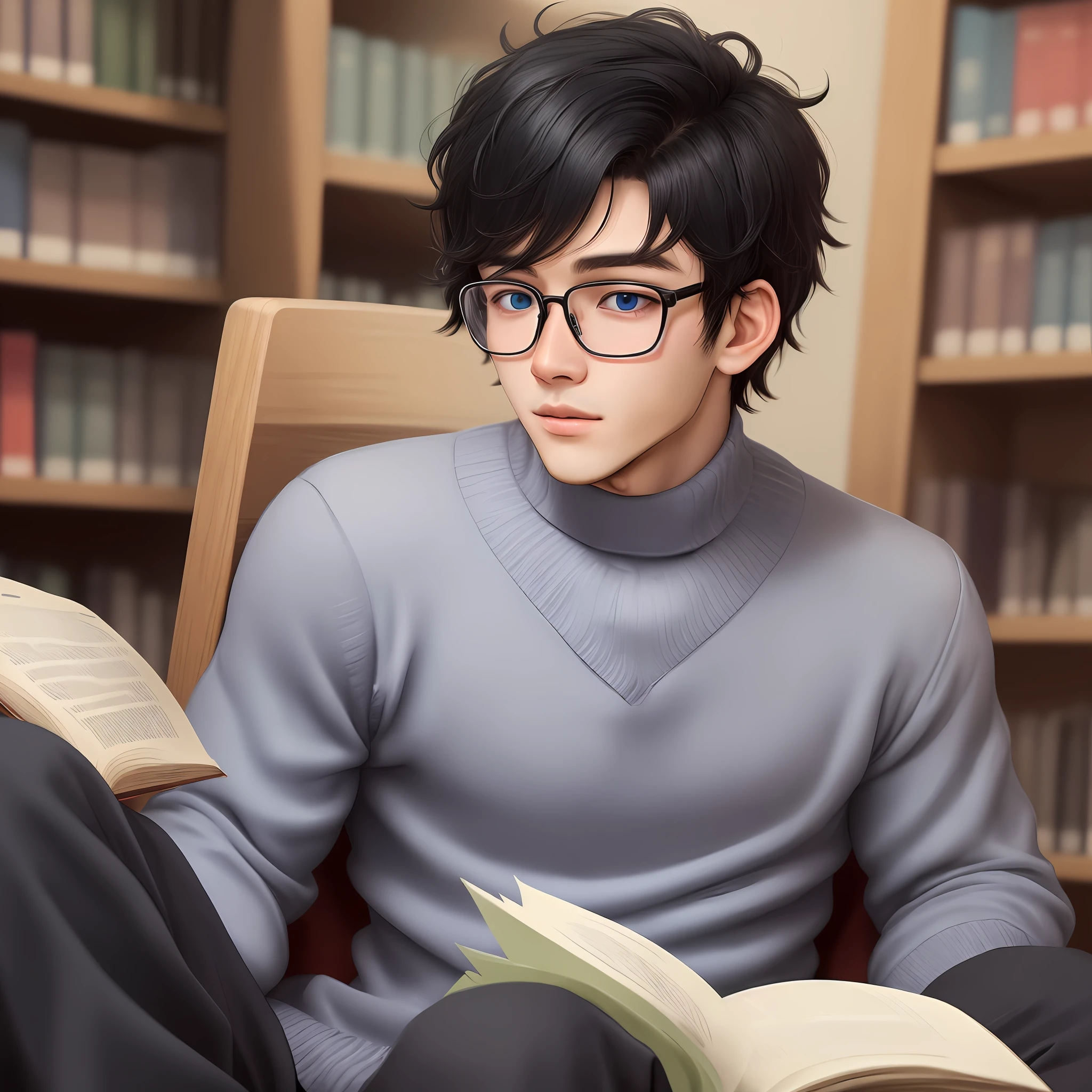 A 30-year-old boy with black hair that falls on his face and wears round black glasses, He should have blue eyes and white skin, a small nose and lips and a sharp jaw line, he really love to reading books, be a good boy and wear Have an over-sized cotton sweater, He should not be tall, he should be thin and bony and he is introverted and shy, he sitting on library