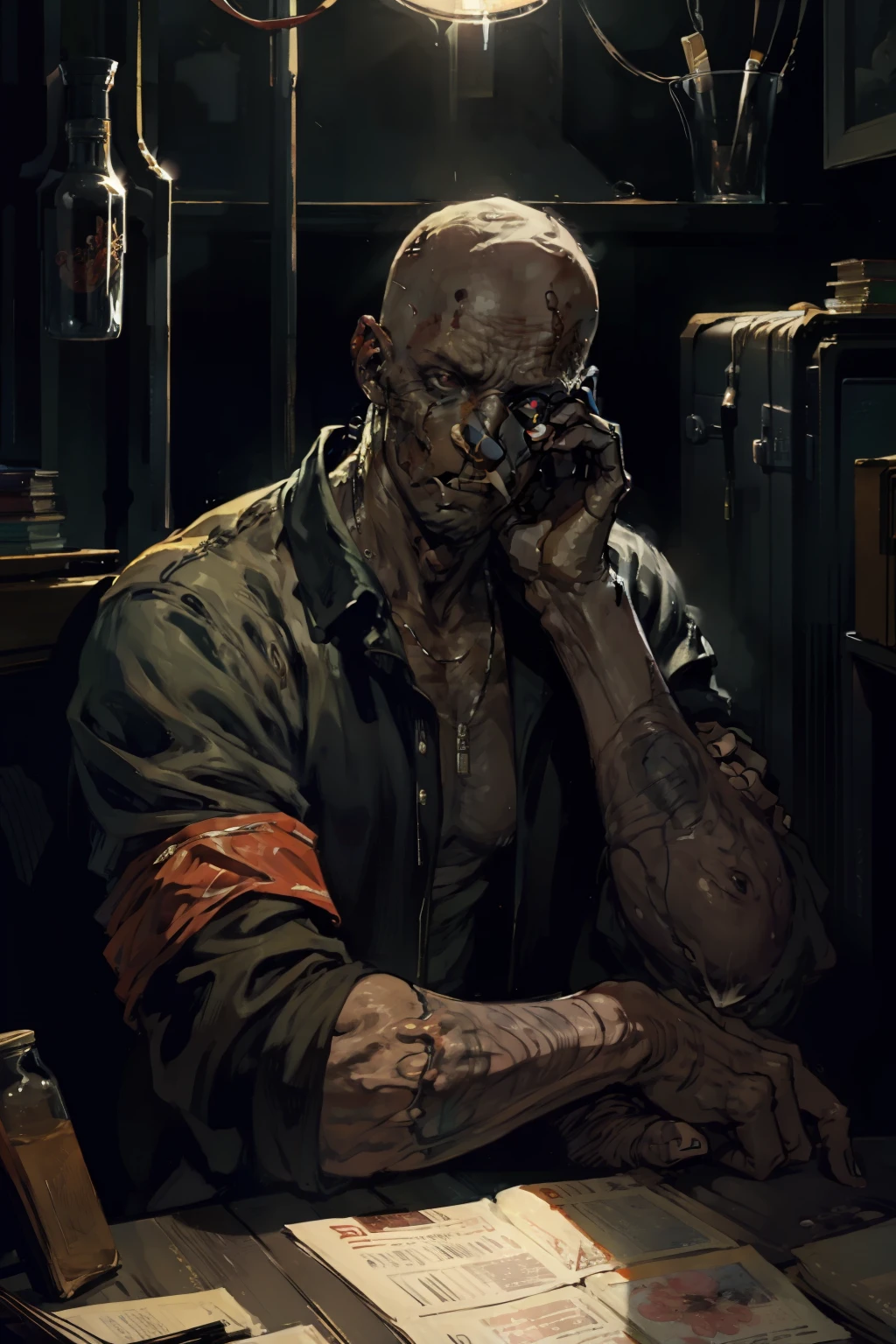 "A black male character with missing flesh from his face sporting shaved head, clad in full dark post-apocalyptic attire, displaying a solemn expression."