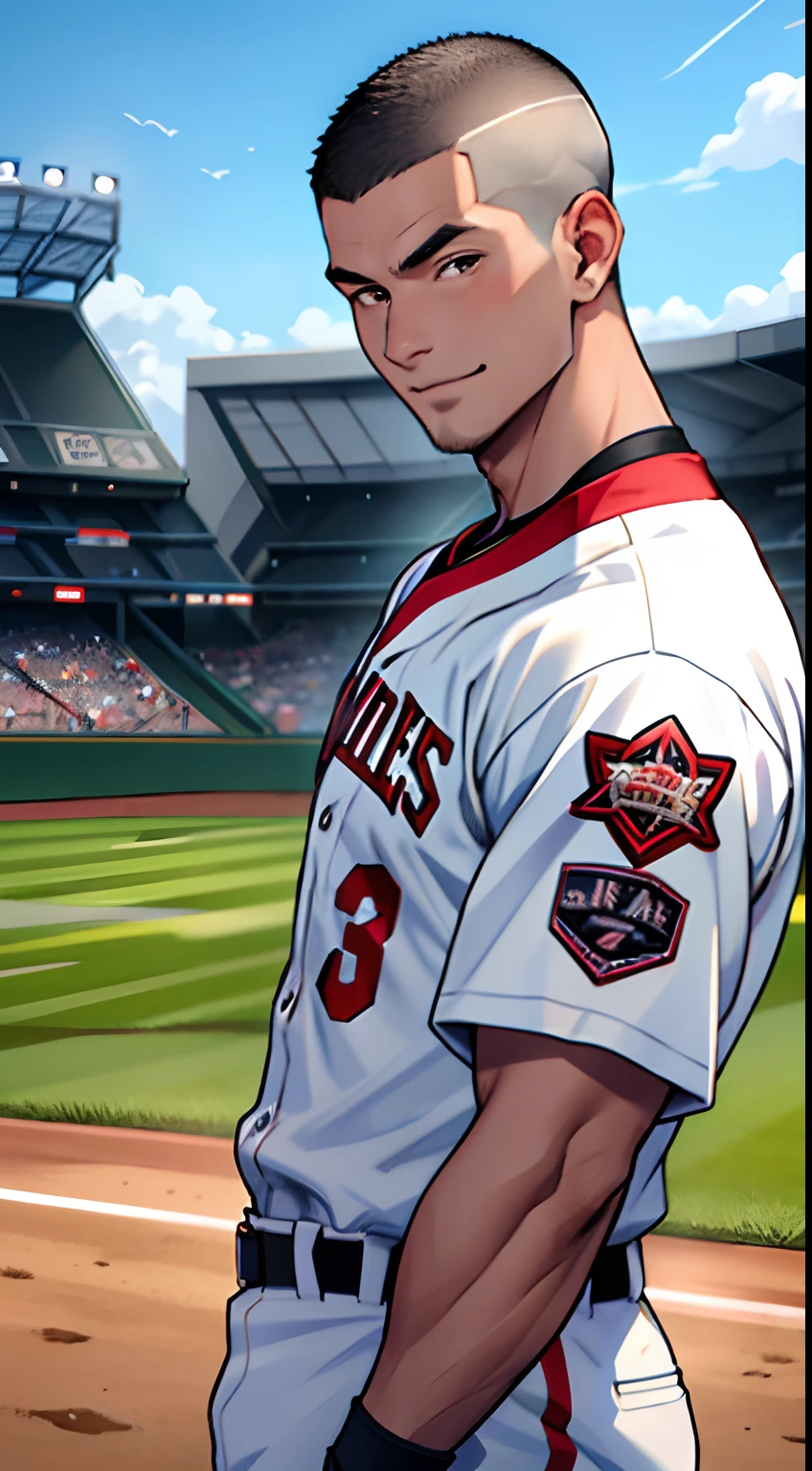 (tmasterpiece,Best quality at best),1人,30 age old,musculous,buzz cut,with brown eye,ssmile,iintricate,baseball stadium,full bodyesbian,White baseball uniform,vivd colour,(depth of fields:1.4),(Abs),jumpping,